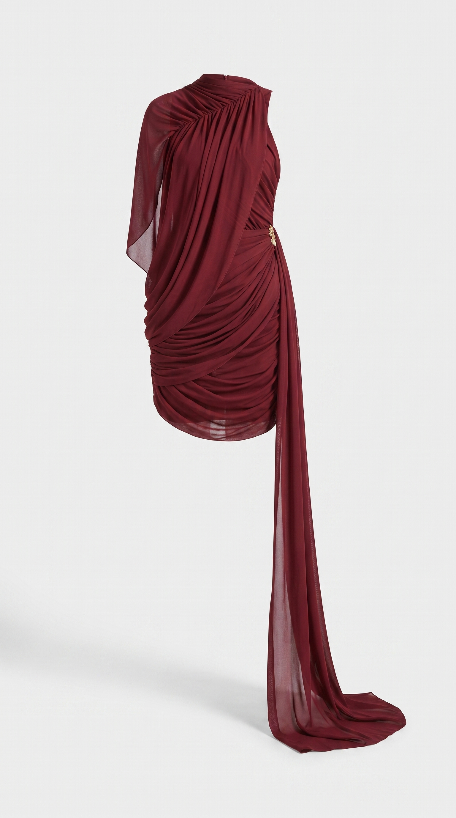 Olia - Asymmetric Ruched Chiffon Mini Dress with Cascade Train