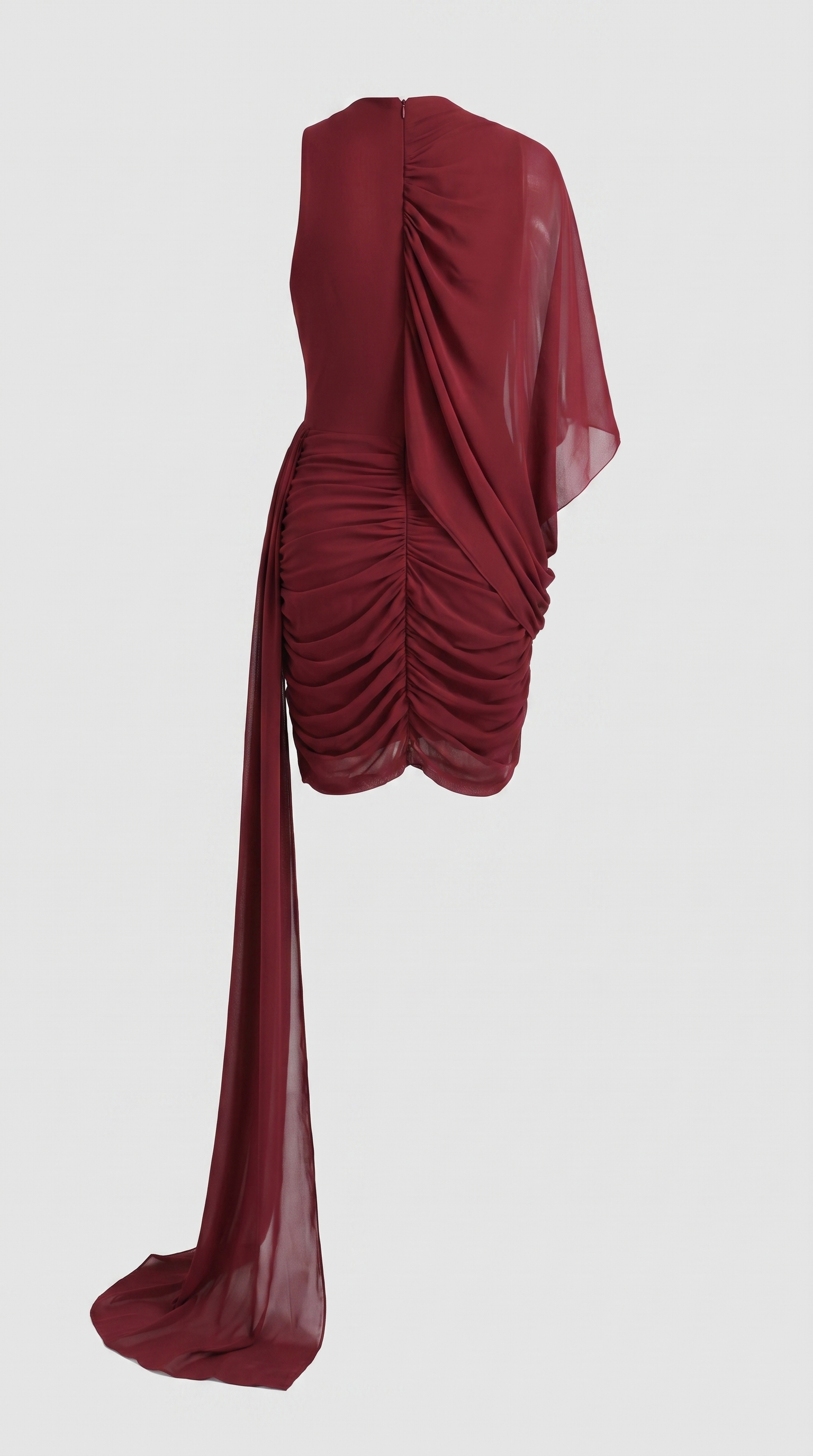 Olia - Asymmetric Ruched Chiffon Mini Dress with Cascade Train
