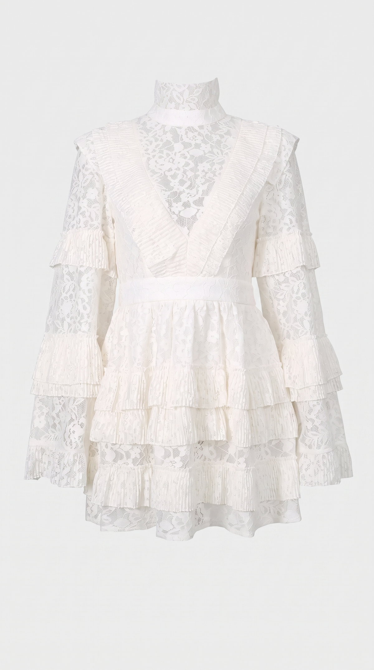 Vara - High-Neck Pleated Tiered Lace Mini Dress