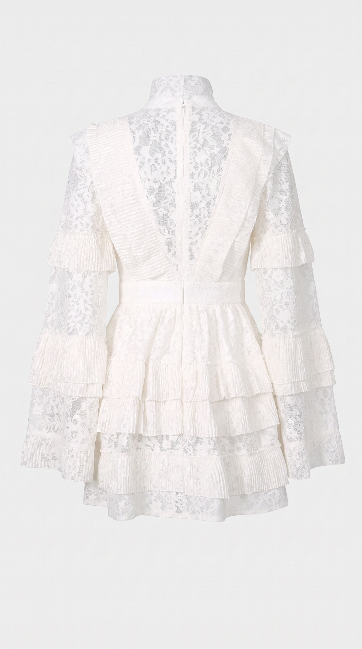 Vara - High-Neck Pleated Tiered Lace Mini Dress
