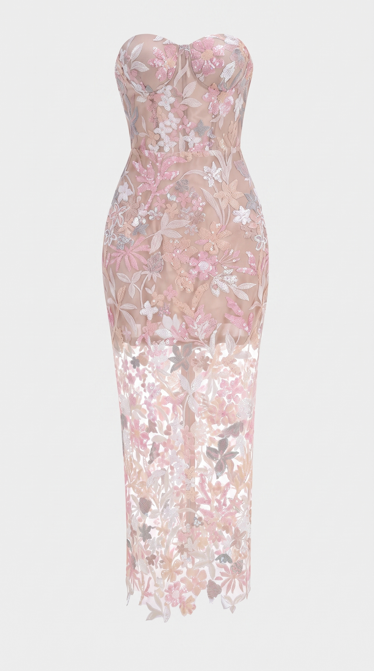 Liva - Sequined Floral Embroidered Corseted Midi Dress Pink
