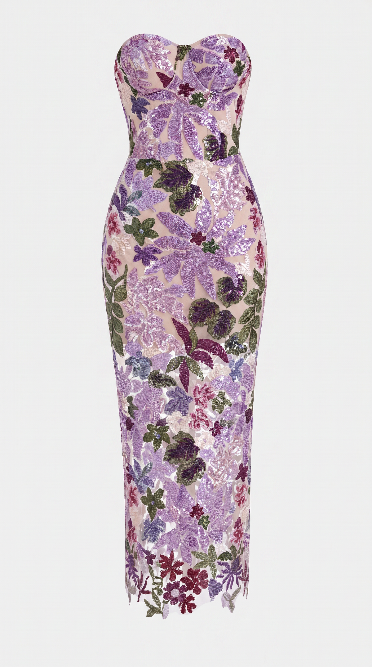 Liva - Sequined Floral Embroidered Corseted Midi Dress Purple