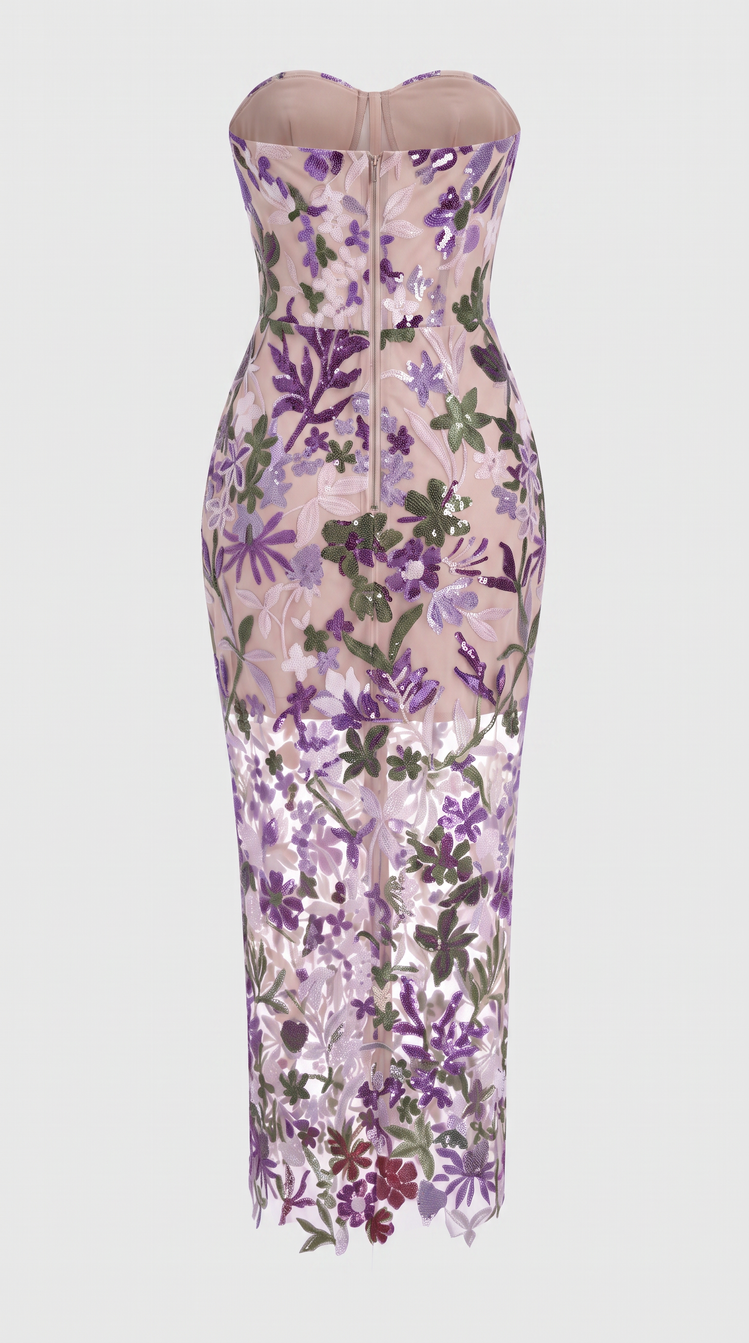 Liva - Sequined Floral Embroidered Corseted Midi Dress Purple