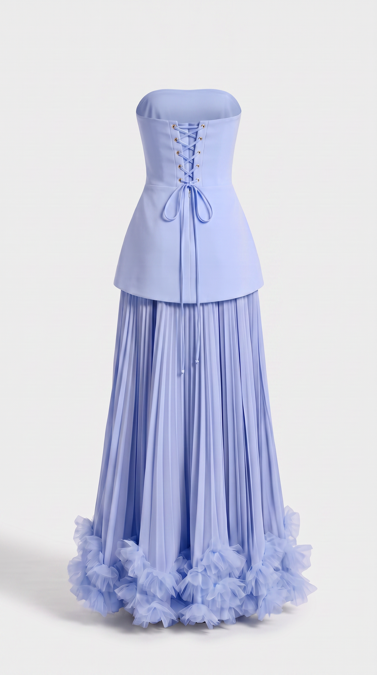 Ceto - Strapless Pleated Rosette-Hem Maxi Gown Blue