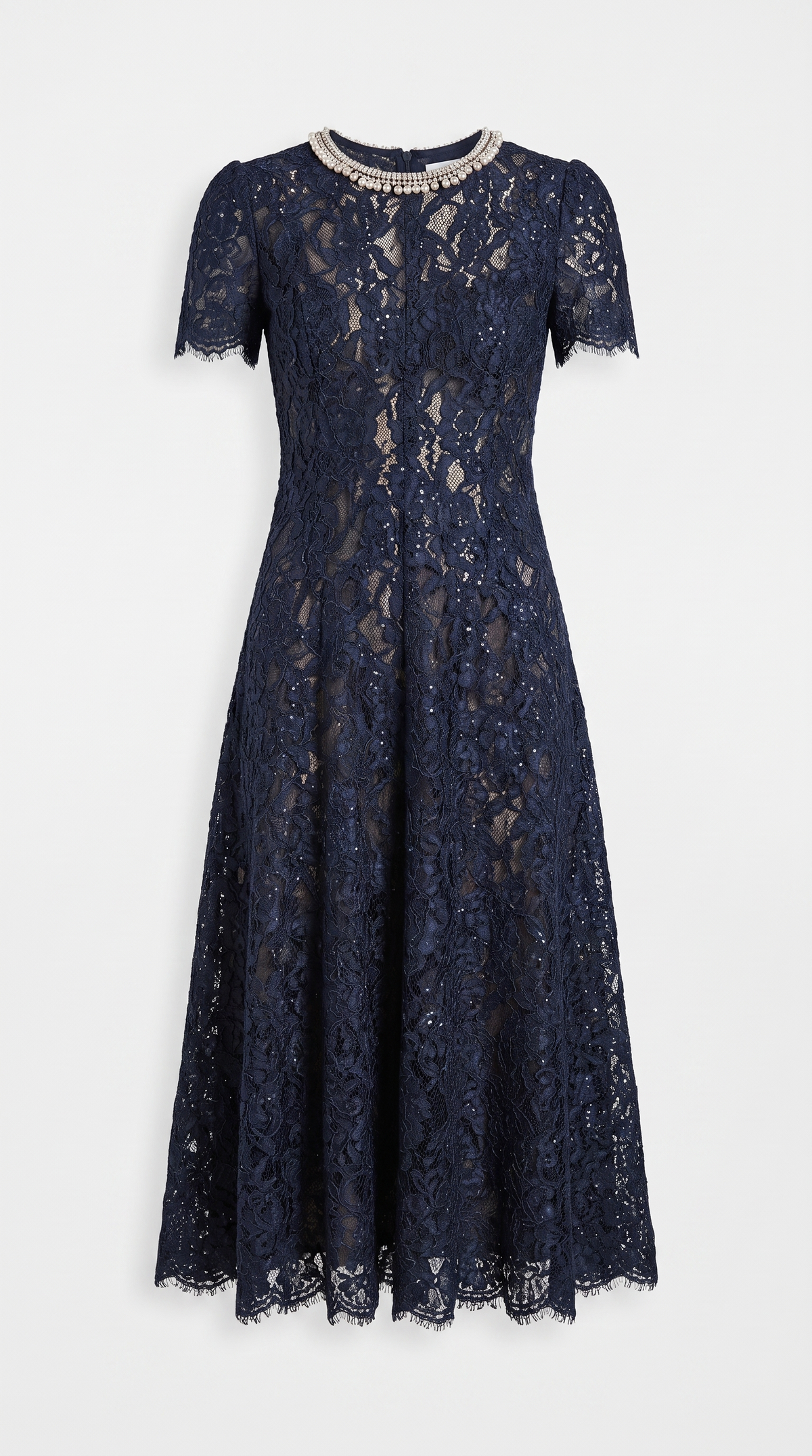 Agave - Pearl Collar Sequined Lace A-Line Midi Dress Dark Blue