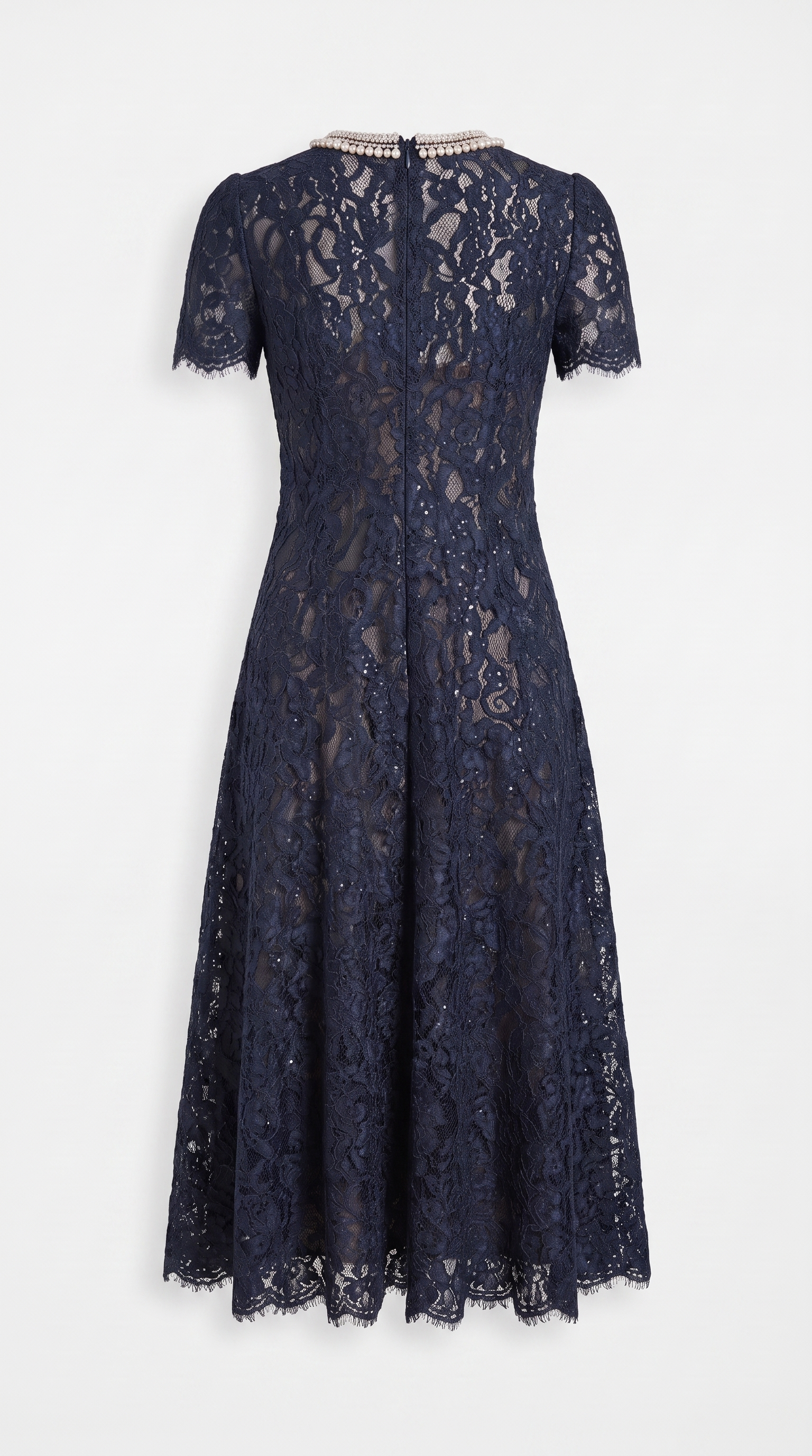 Agave - Pearl Collar Sequined Lace A-Line Midi Dress Dark Blue