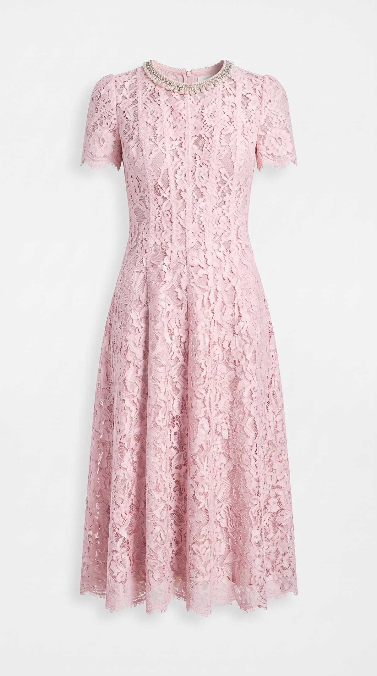 Agave - Pearl Collar Sequined Lace A-Line Midi Dress Pink
