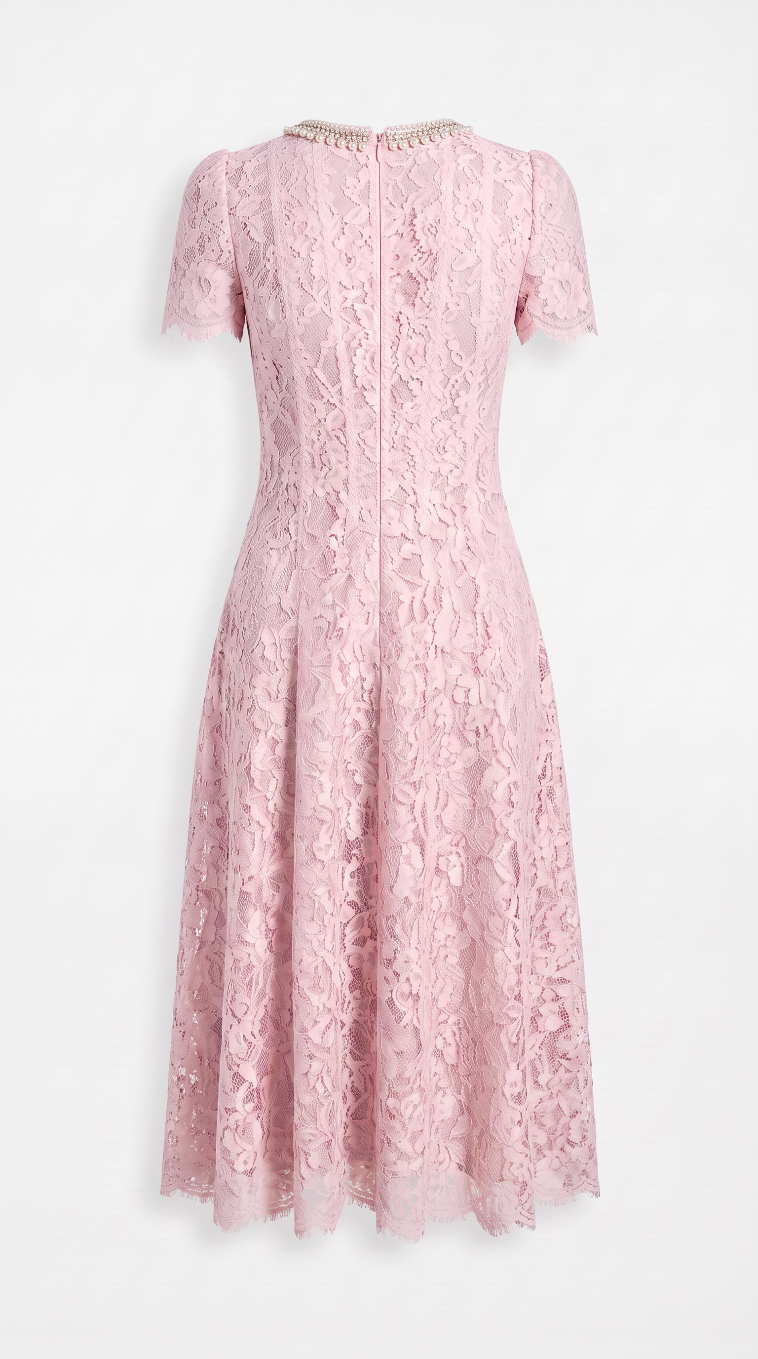 Agave - Pearl Collar Sequined Lace A-Line Midi Dress Pink