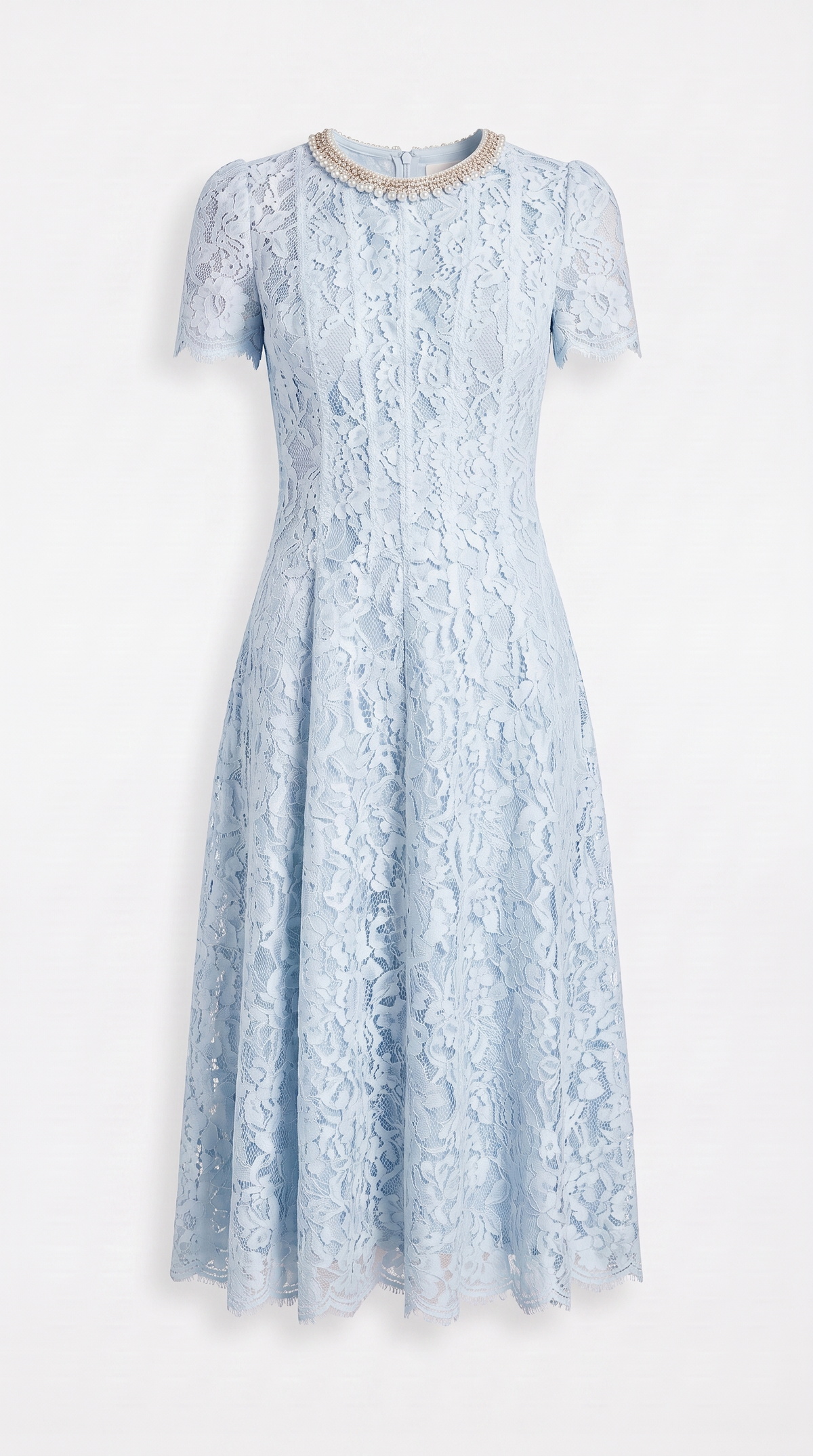 Agave - Pearl Collar Sequined Lace A-Line Midi Dress Light Blue