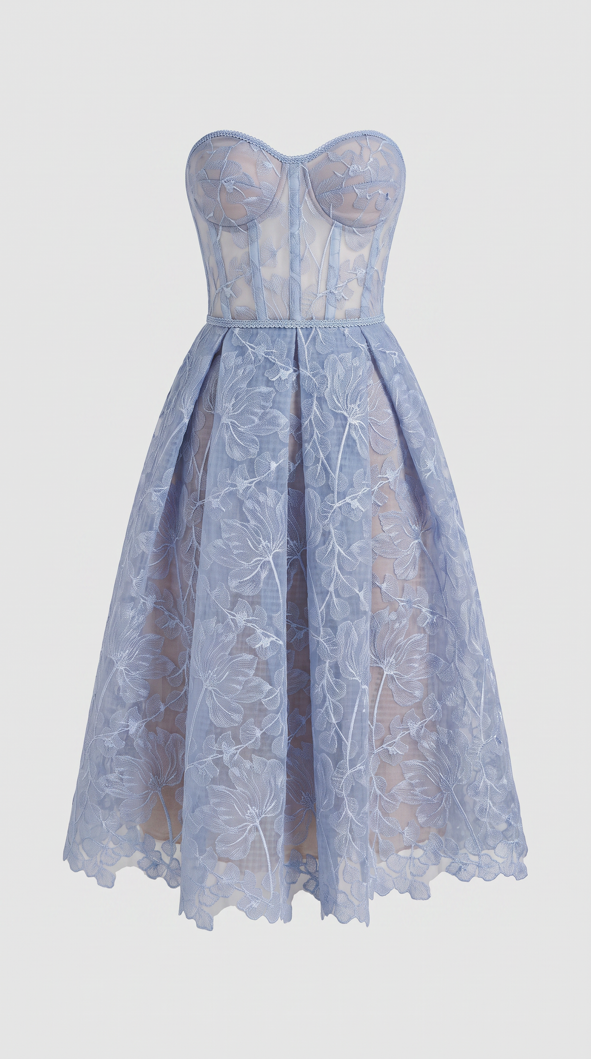 Melos - Embroidered Corseted A-Line Midi Dress Baby Blue