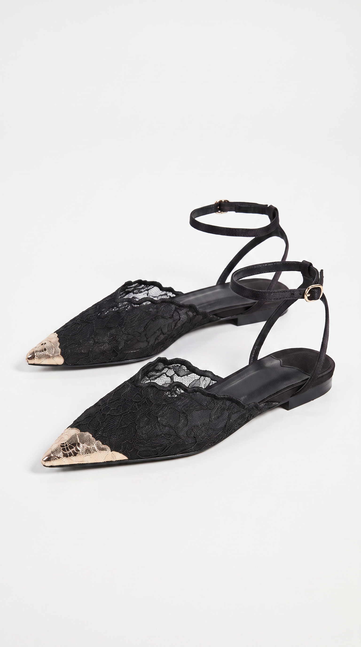 Evra - Metallic Toe Cap Lace Ankle-Strap Ballet Flats Black