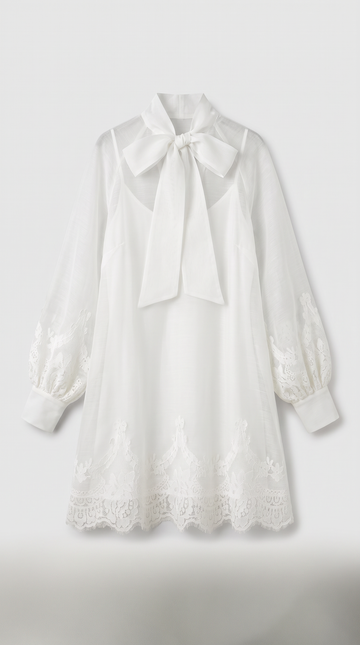 Skia - Lace-Trimmed Sheer Bow-Neck Mini Dress
