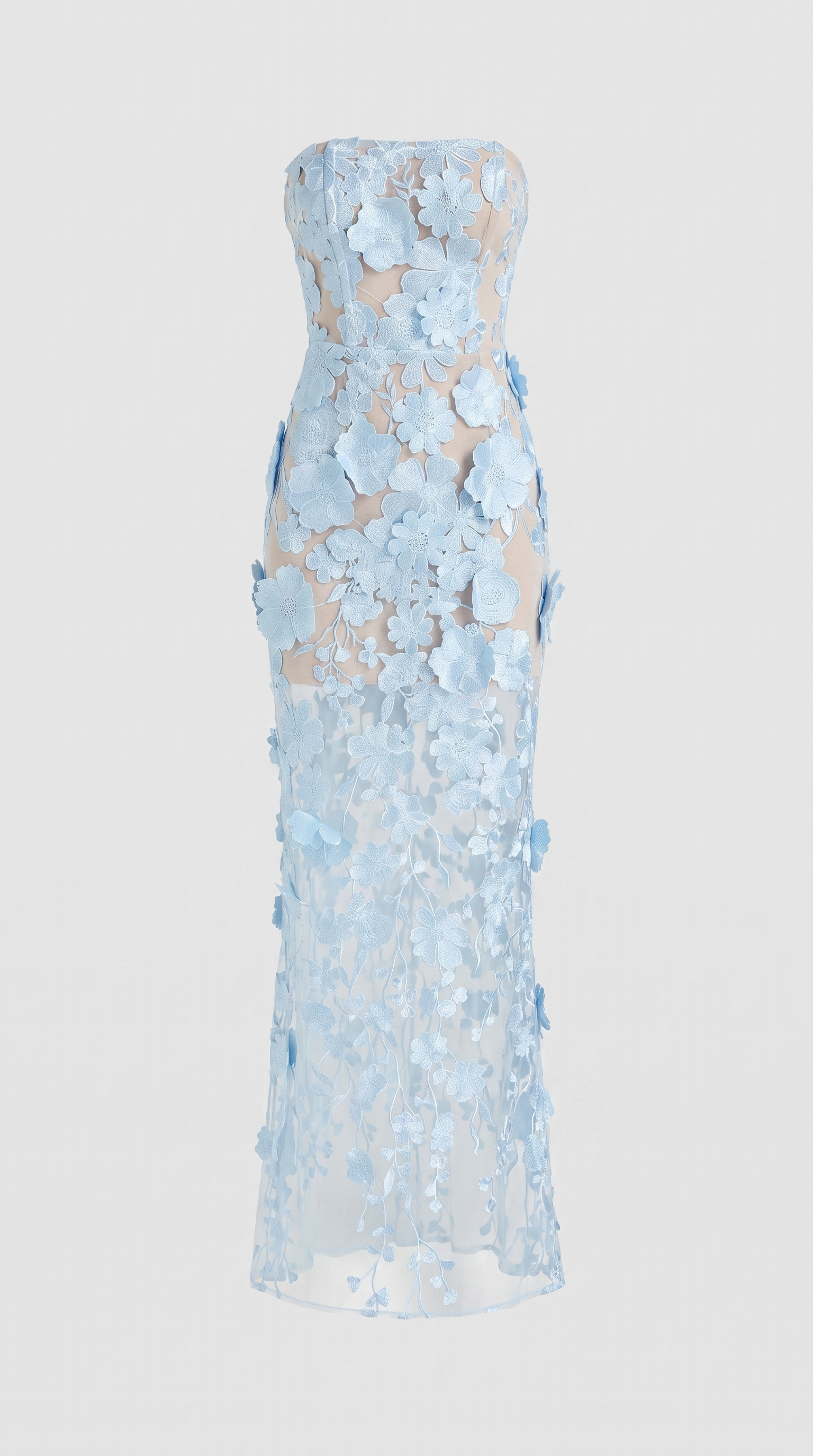 Pram - 3D Floral Appliqué Strapless Column Maxi Dress Baby Blue
