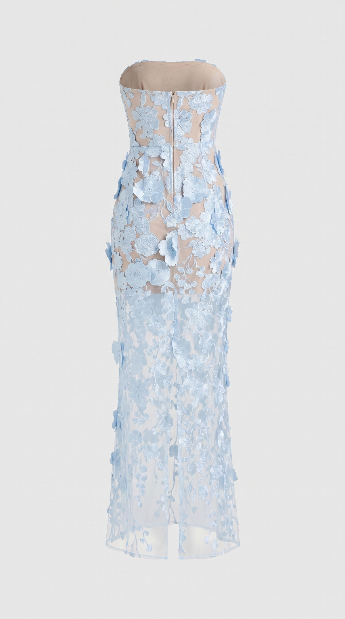 Pram - 3D Floral Appliqué Strapless Column Maxi Dress Baby Blue