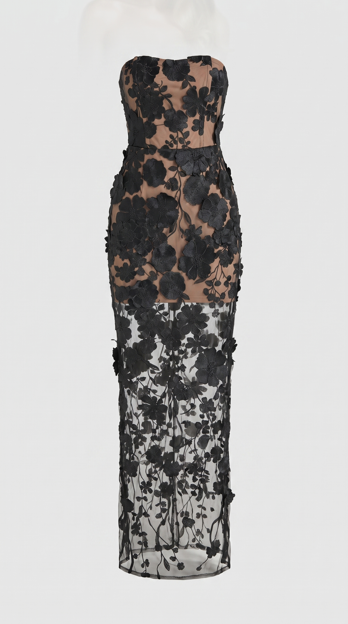 Pram - 3D Floral Appliqué Strapless Column Maxi Dress Black