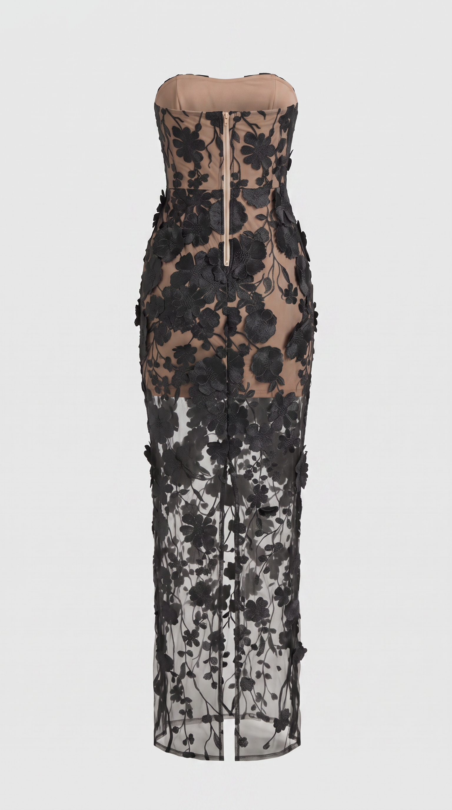 Pram - 3D Floral Appliqué Strapless Column Maxi Dress Black