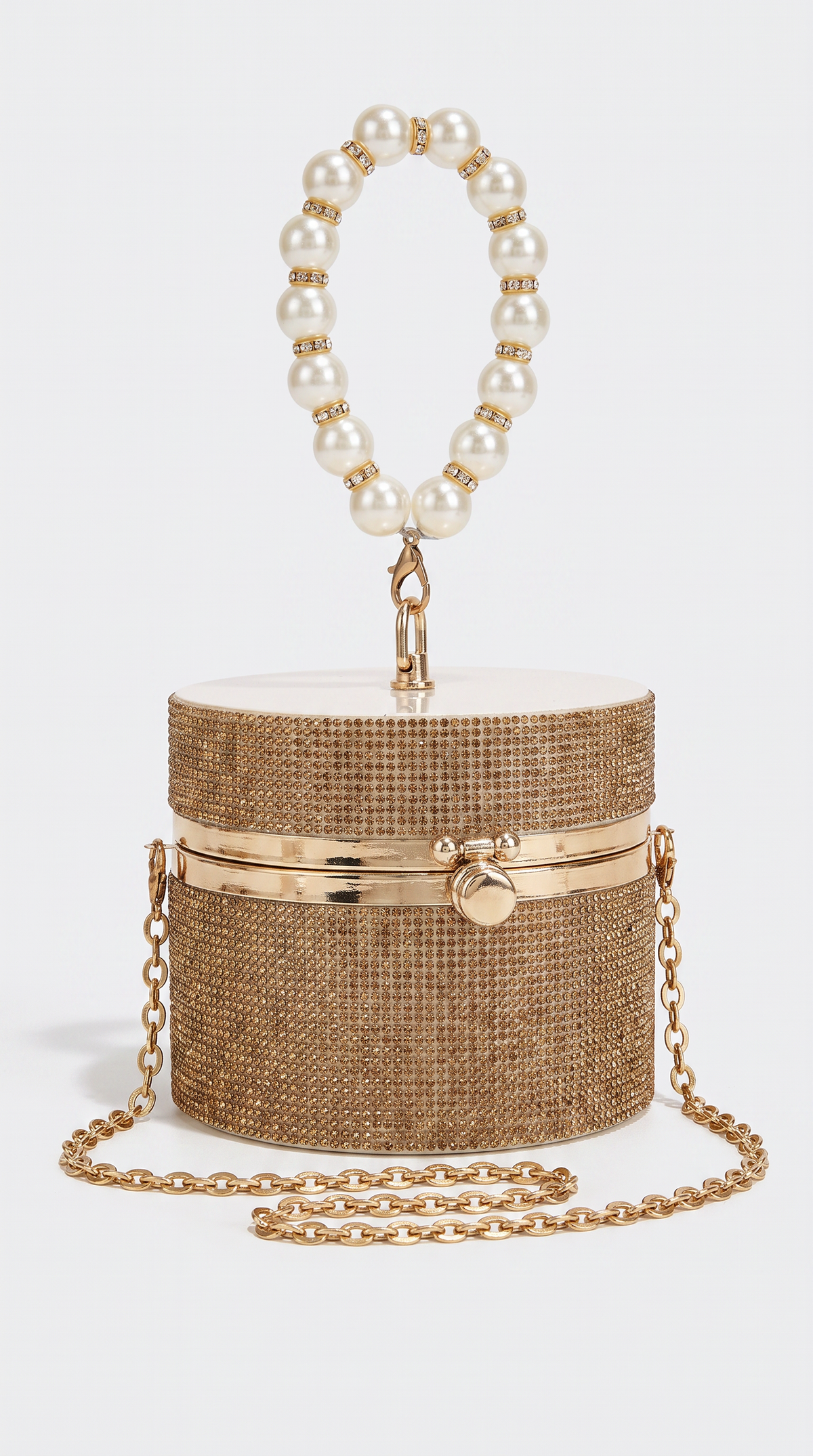 Lasa - Rhinestone Cylindrical Pearl-Handle Vanity Clutch Bag Gold