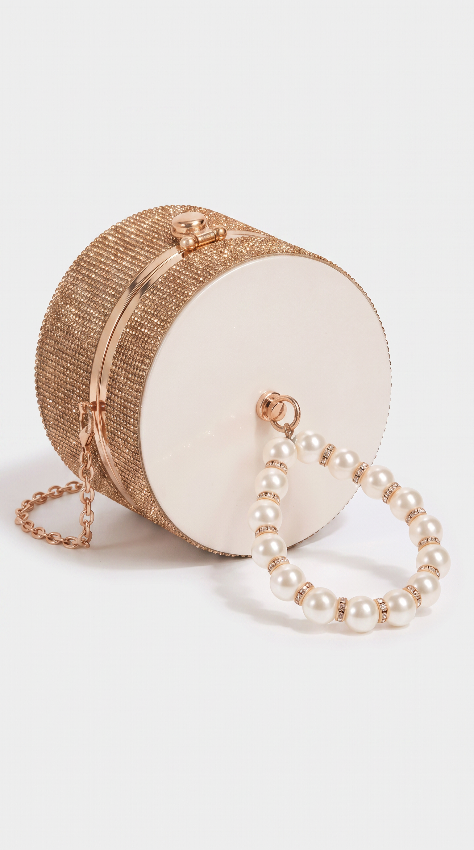 Lasa - Rhinestone Cylindrical Pearl-Handle Vanity Clutch Bag Gold