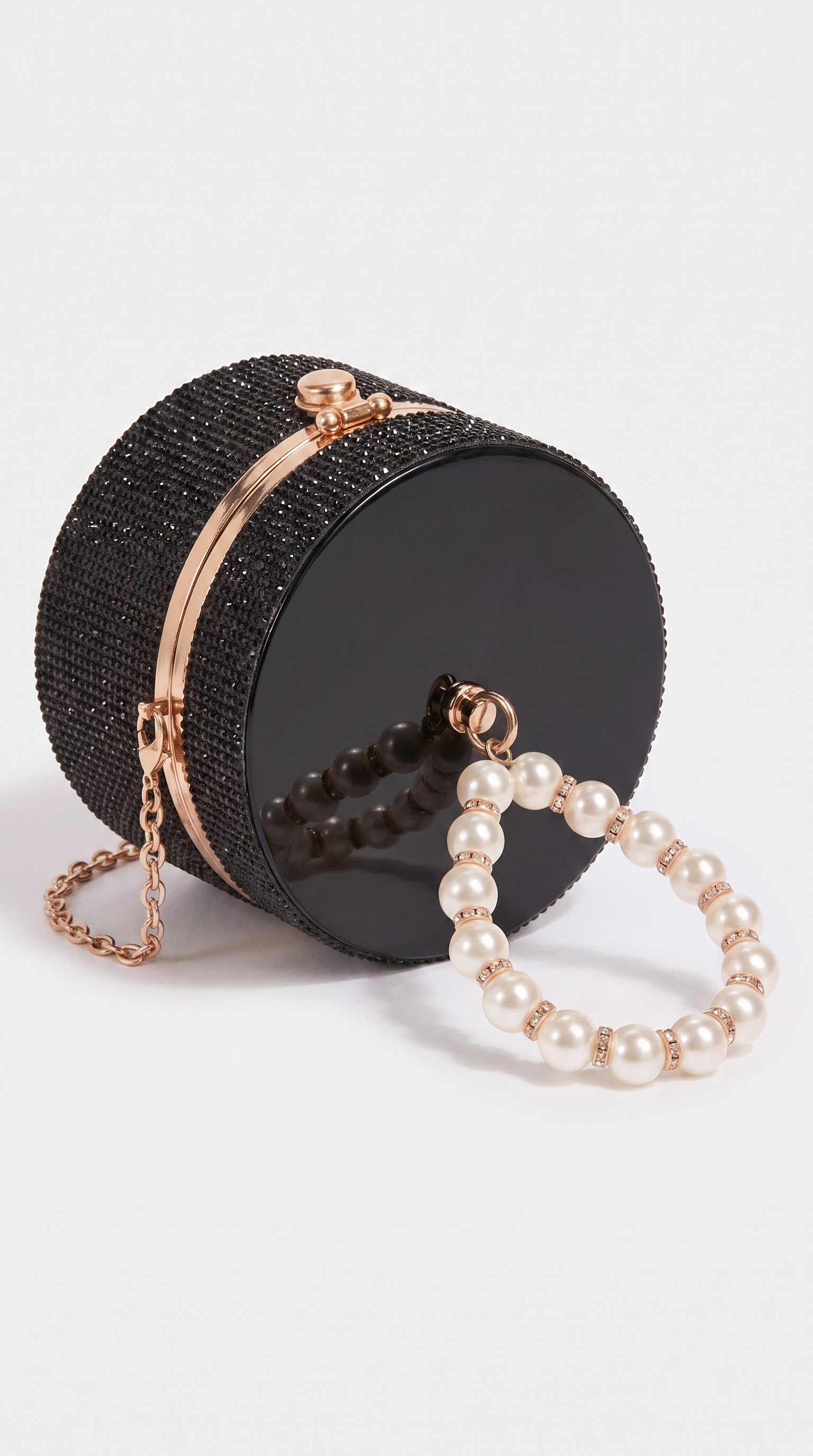 Lasa - Rhinestone Cylindrical Pearl-Handle Vanity Clutch Bag Black