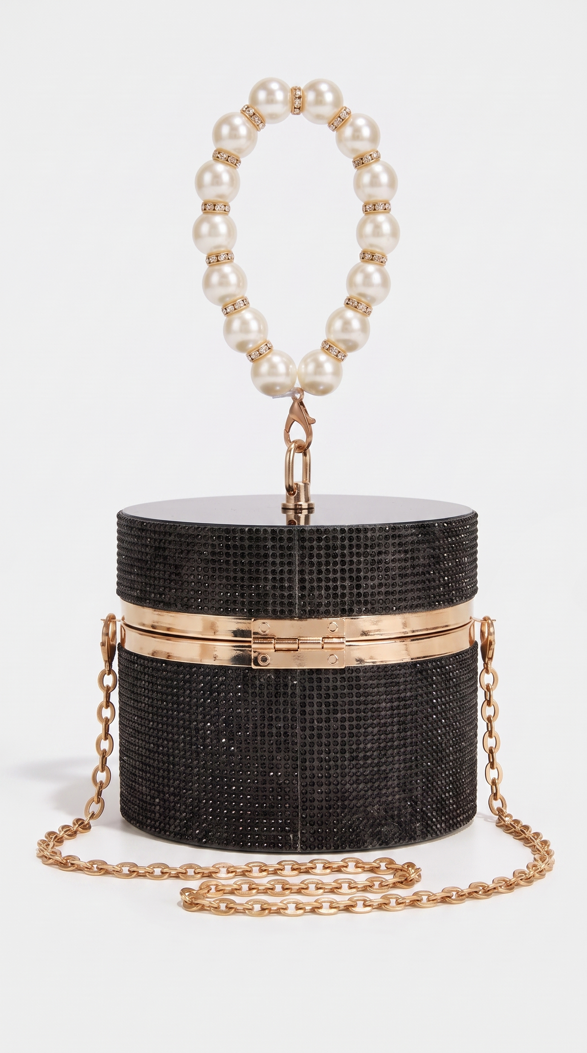 Lasa - Rhinestone Cylindrical Pearl-Handle Vanity Clutch Bag Black
