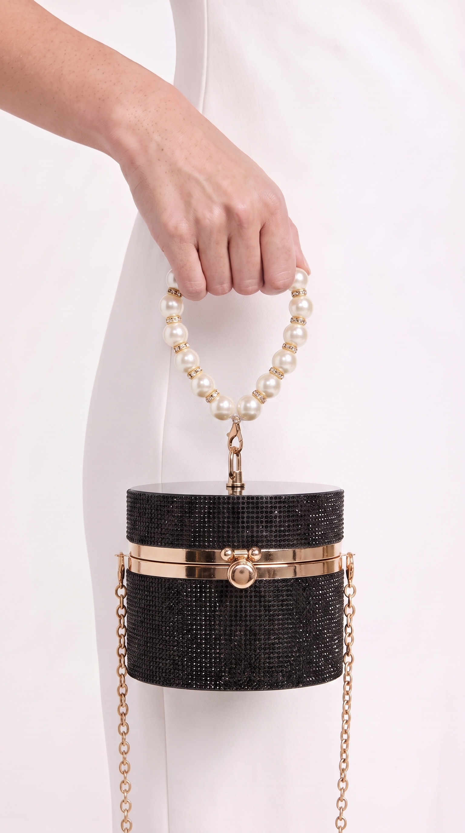 Lasa - Rhinestone Cylindrical Pearl-Handle Vanity Clutch Bag Black