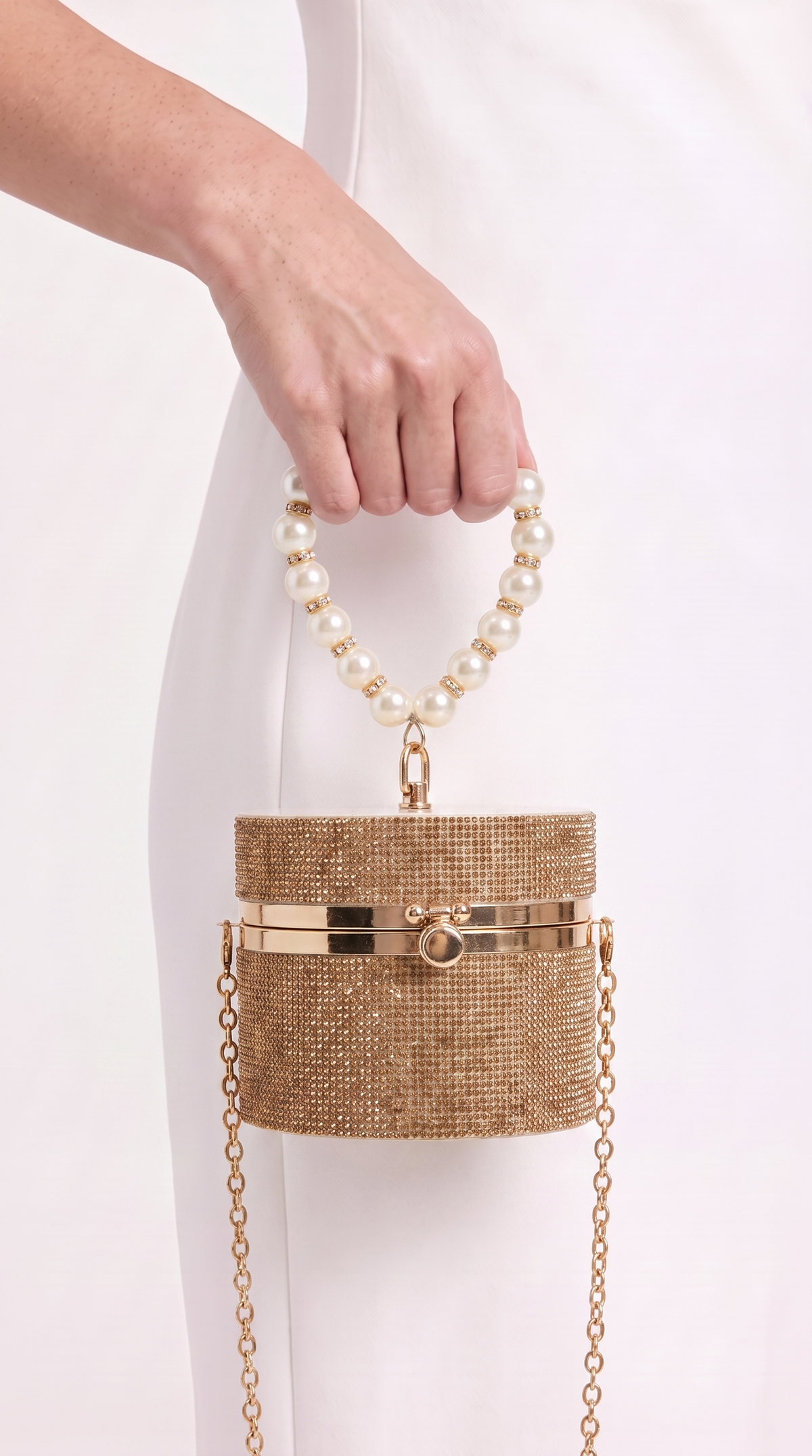 Lasa - Rhinestone Cylindrical Pearl-Handle Vanity Clutch Bag Gold