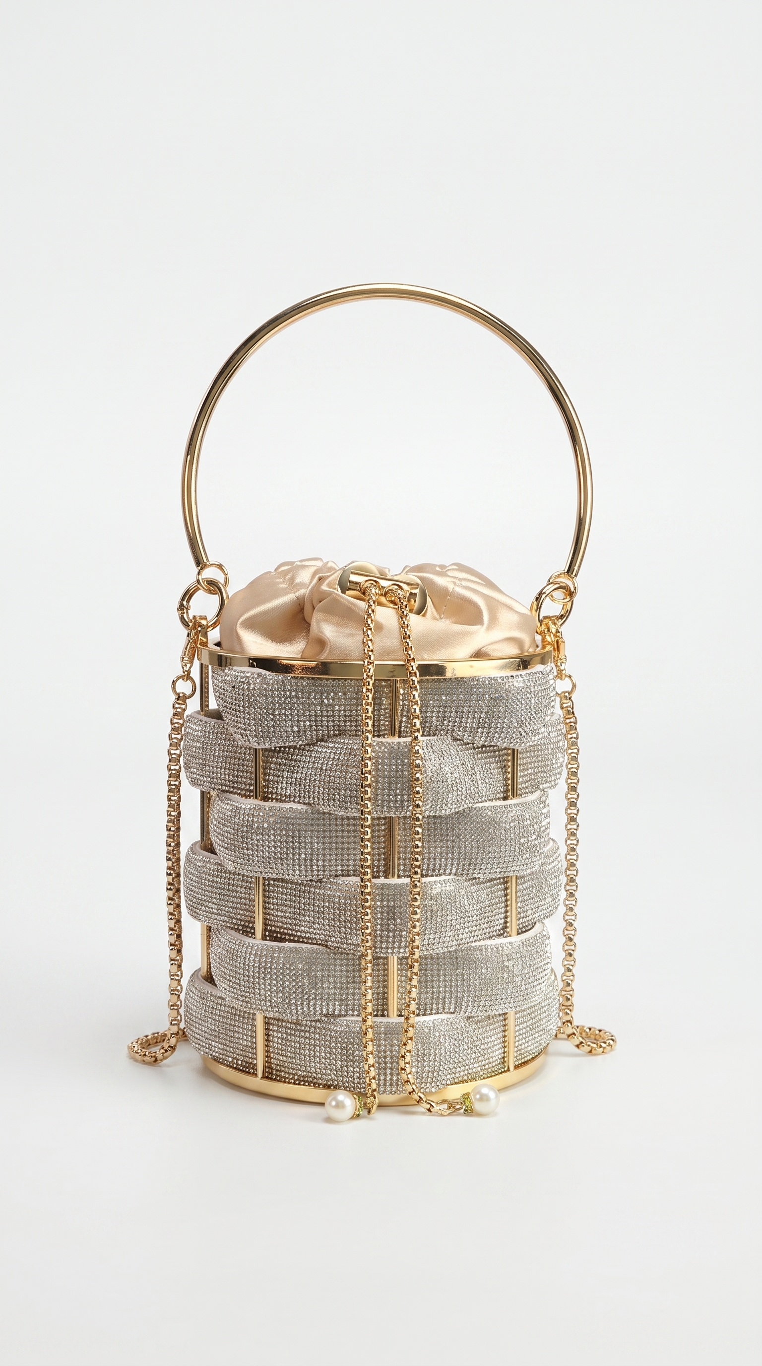 Oda - Rhinestone Woven Cage Drawstring Bucket Bag Silver
