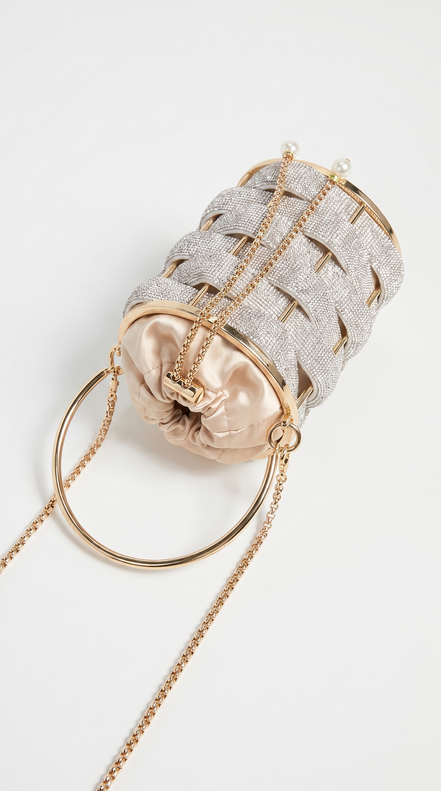 Oda - Rhinestone Woven Cage Drawstring Bucket Bag Silver