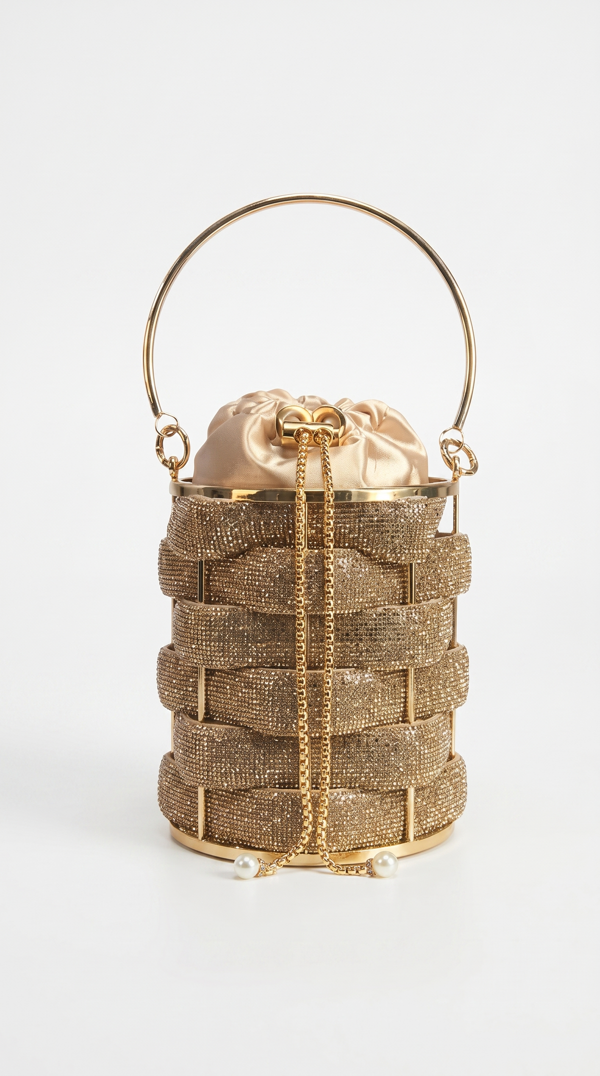 Oda - Rhinestone Woven Cage Drawstring Bucket Bag Gold