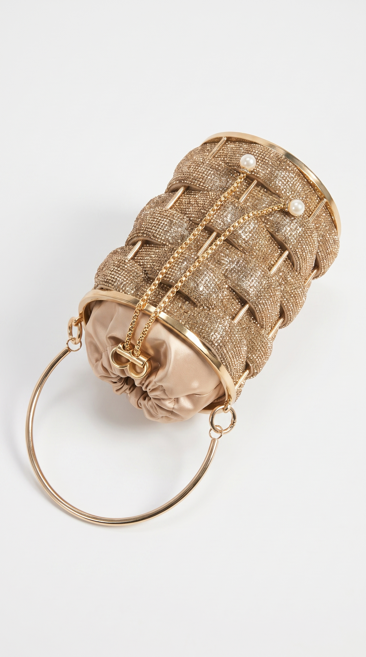 Oda - Rhinestone Woven Cage Drawstring Bucket Bag Gold