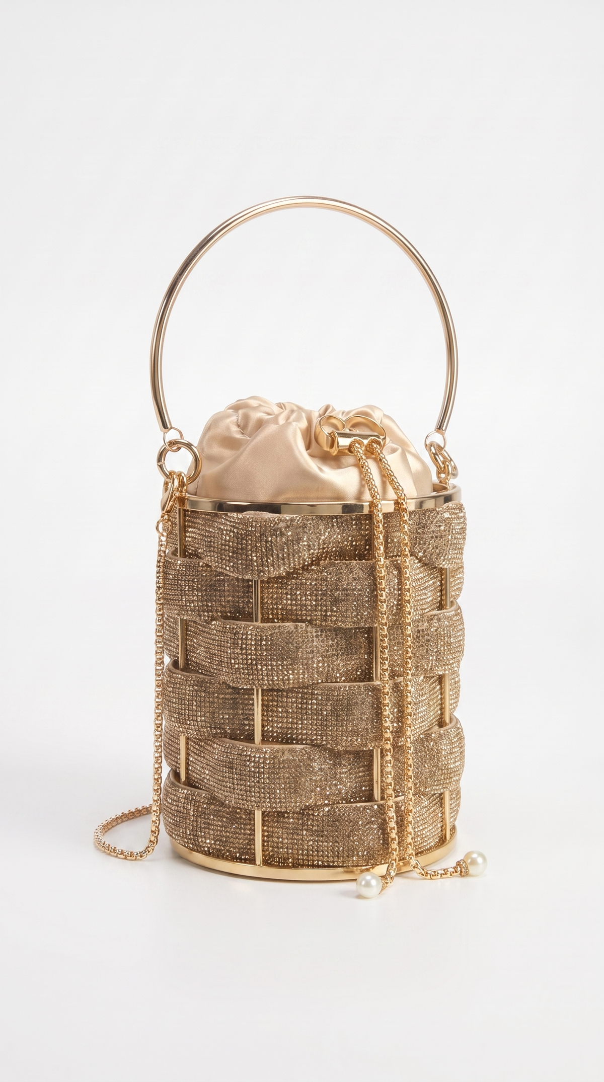 Oda - Rhinestone Woven Cage Drawstring Bucket Bag Gold