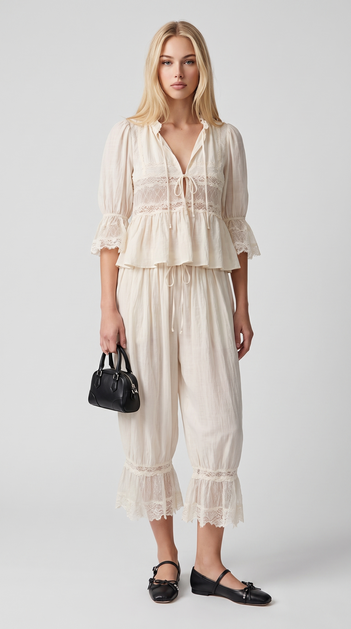 Pino - Sheer Lace Inset Peplum Blouse White
