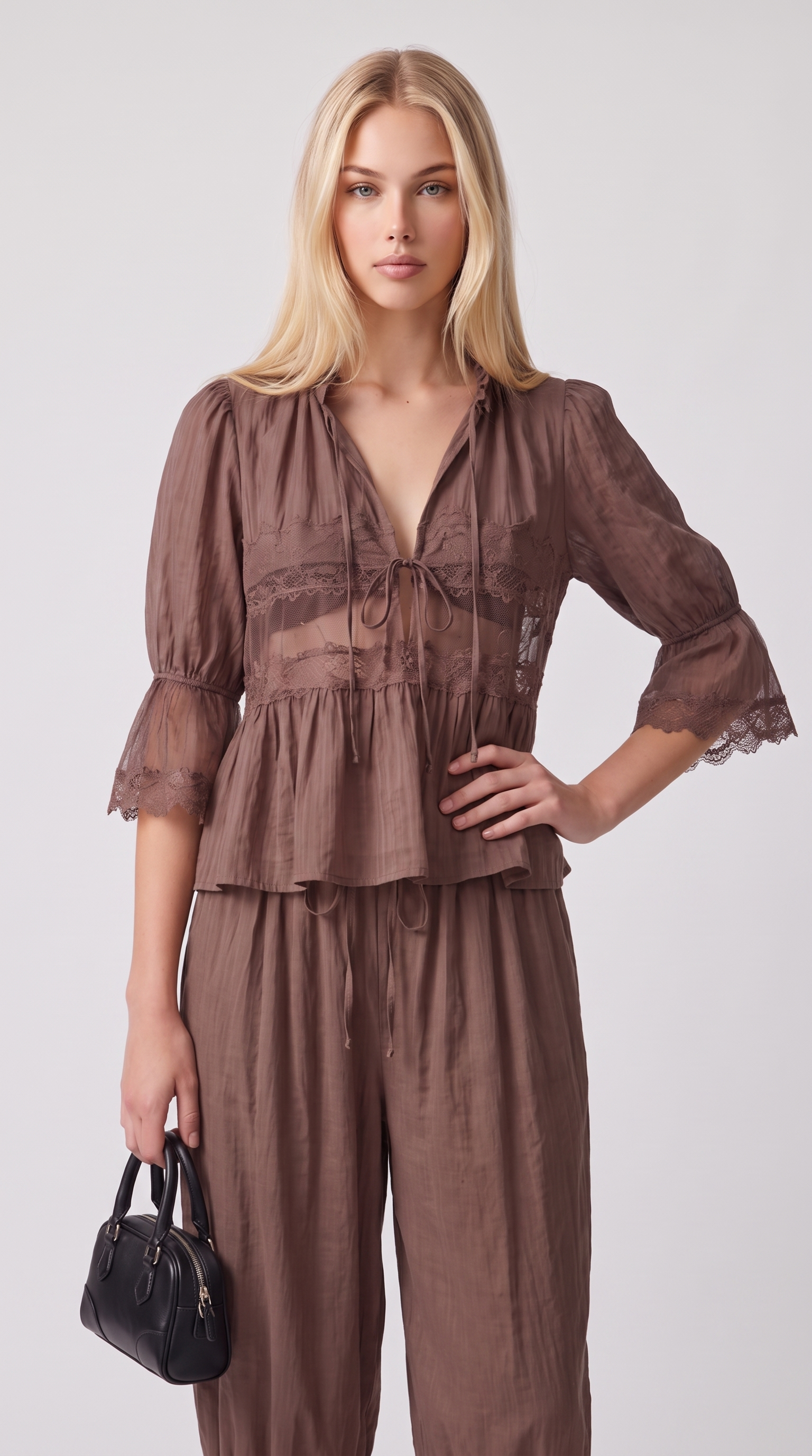Pino - Sheer Lace Inset Peplum Blouse Brown