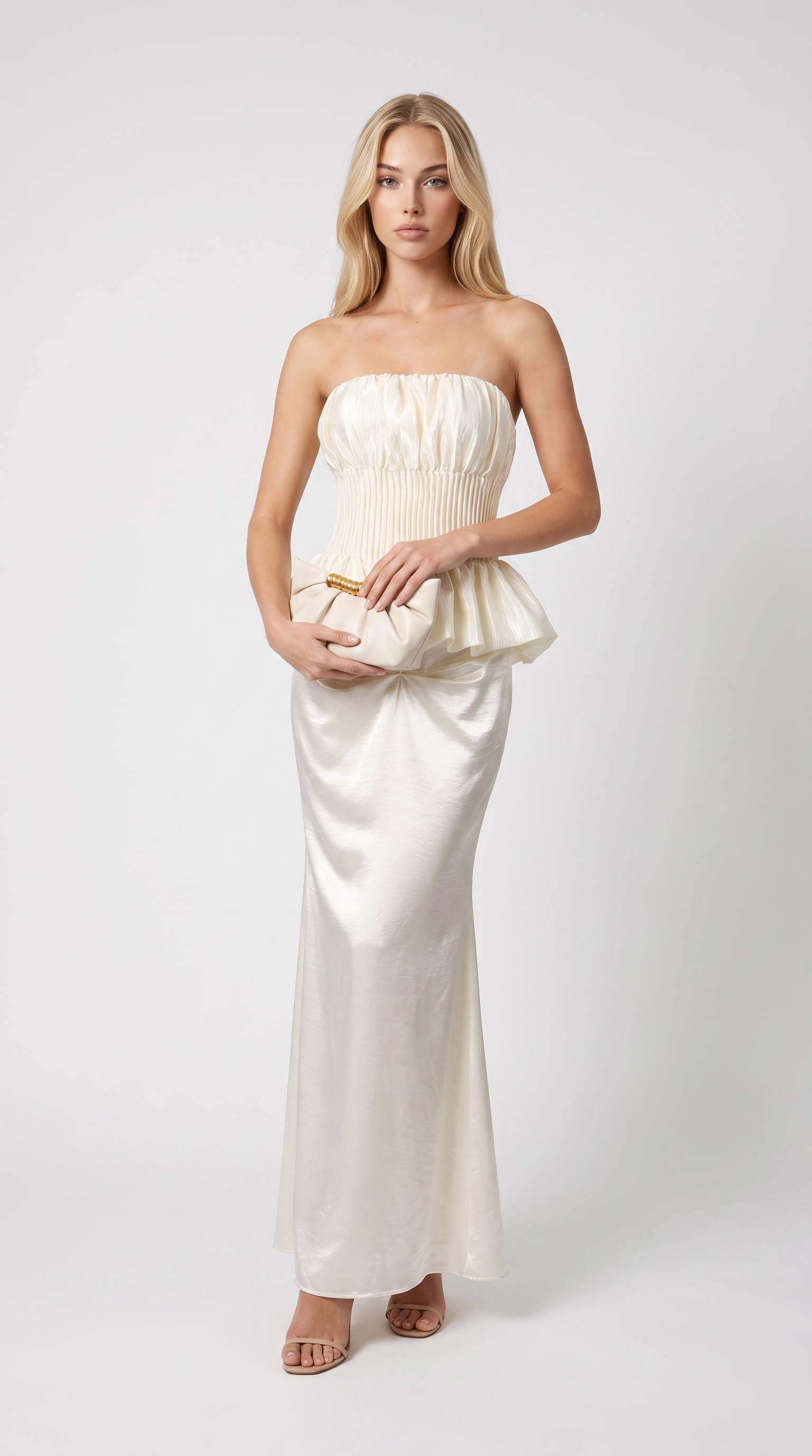 Zeo - Strapless Smocked Peplum Maxi Gown