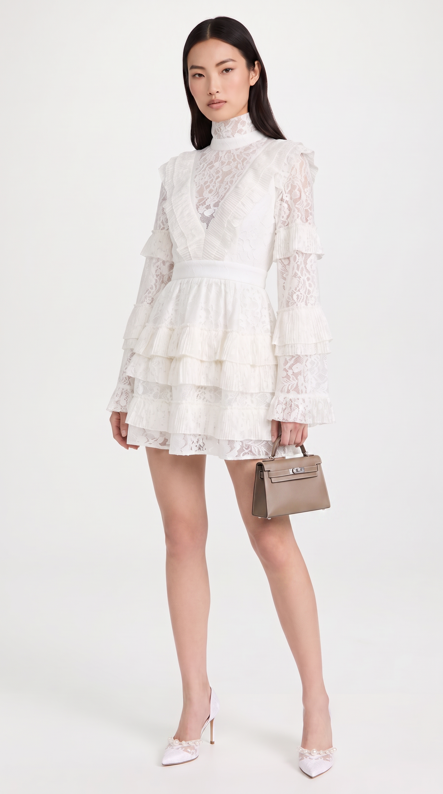 Vara - High-Neck Pleated Tiered Lace Mini Dress