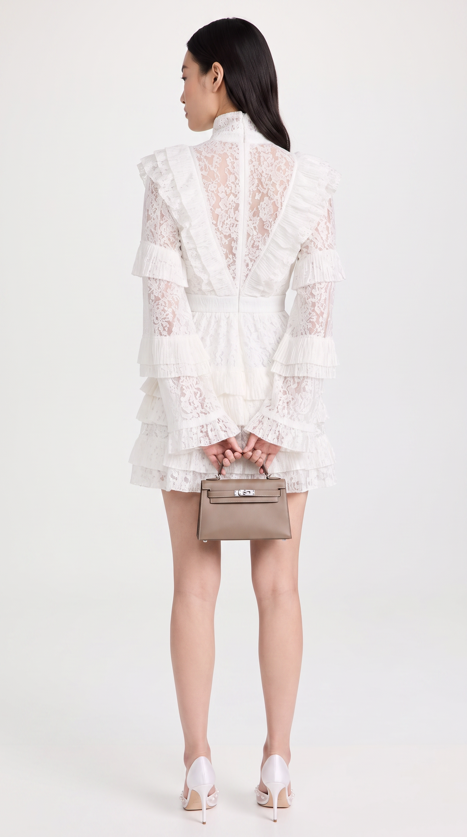 Vara - High-Neck Pleated Tiered Lace Mini Dress
