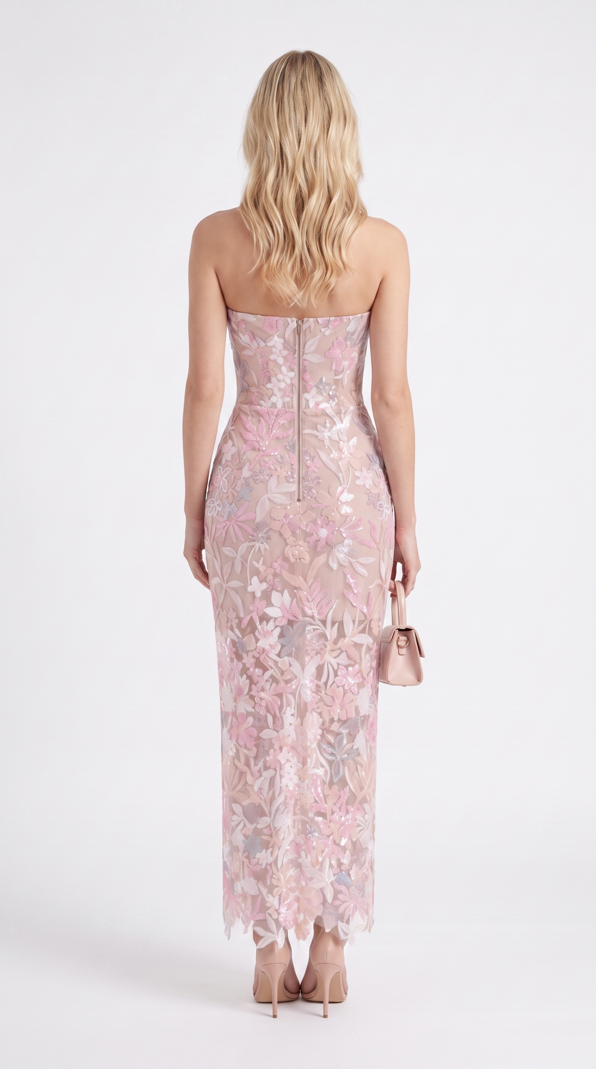Liva - Sequined Floral Embroidered Corseted Midi Dress Pink