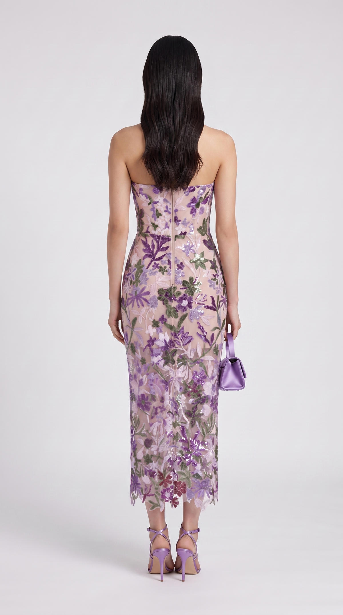 Liva - Sequined Floral Embroidered Corseted Midi Dress Purple