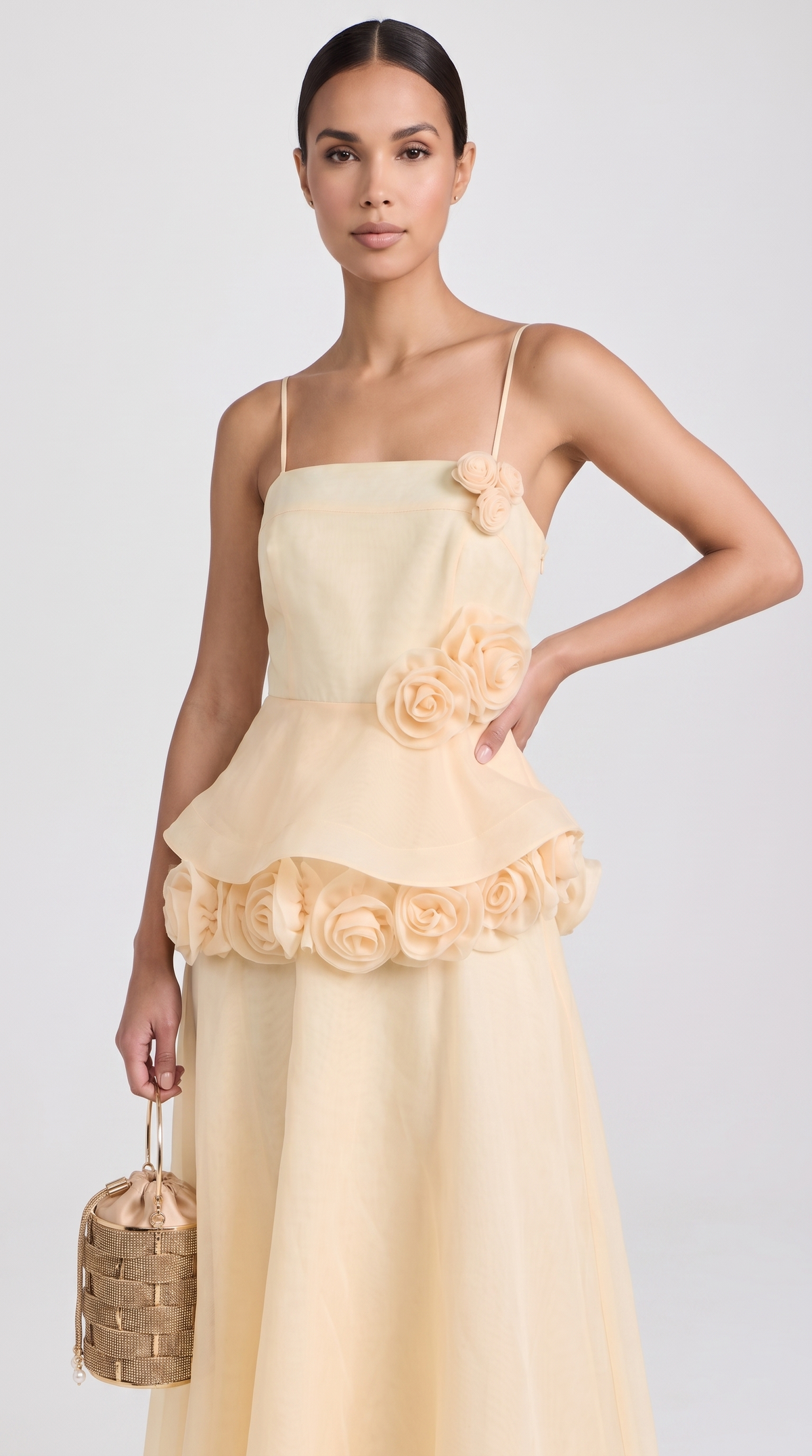 Roda - 3D Rosette Peplum Maxi Dress Yellow