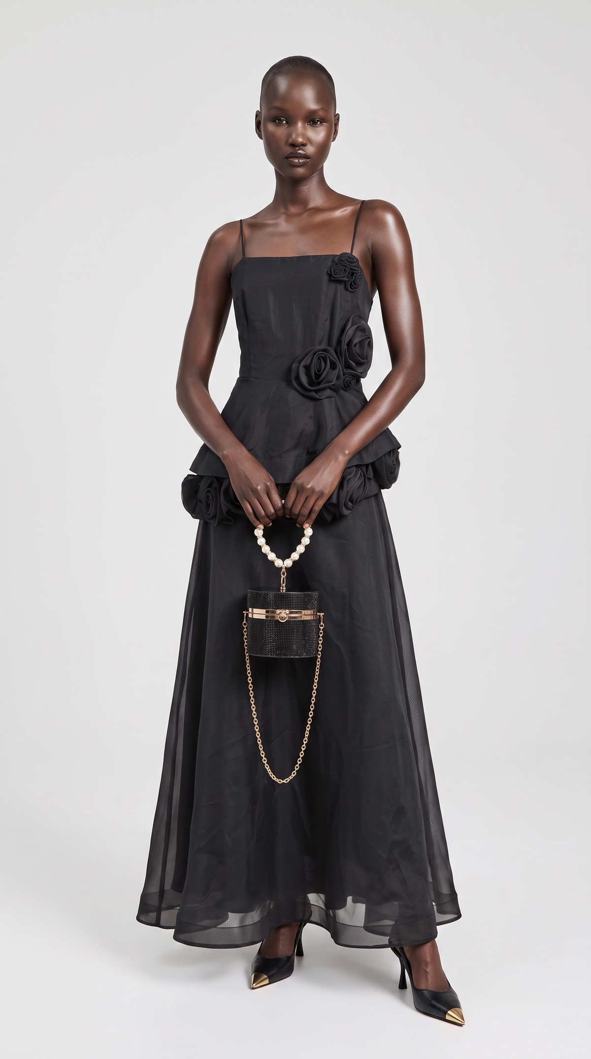 Roda - 3D Rosette Peplum Maxi Dress Black