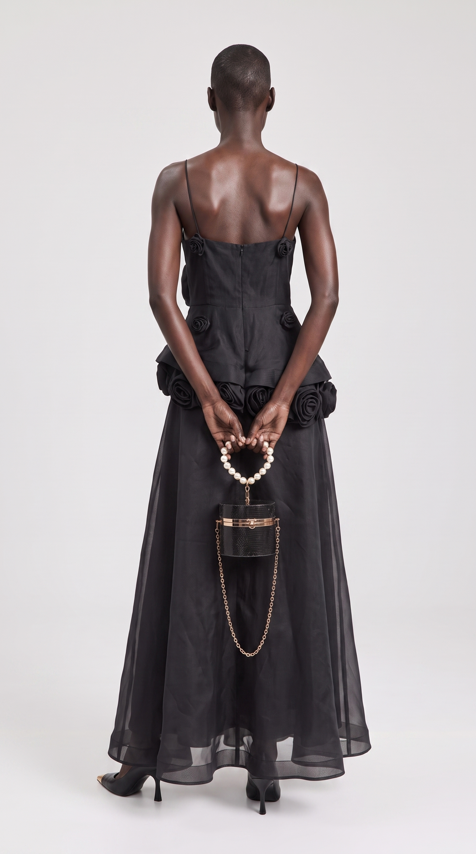 Roda - 3D Rosette Peplum Maxi Dress Black