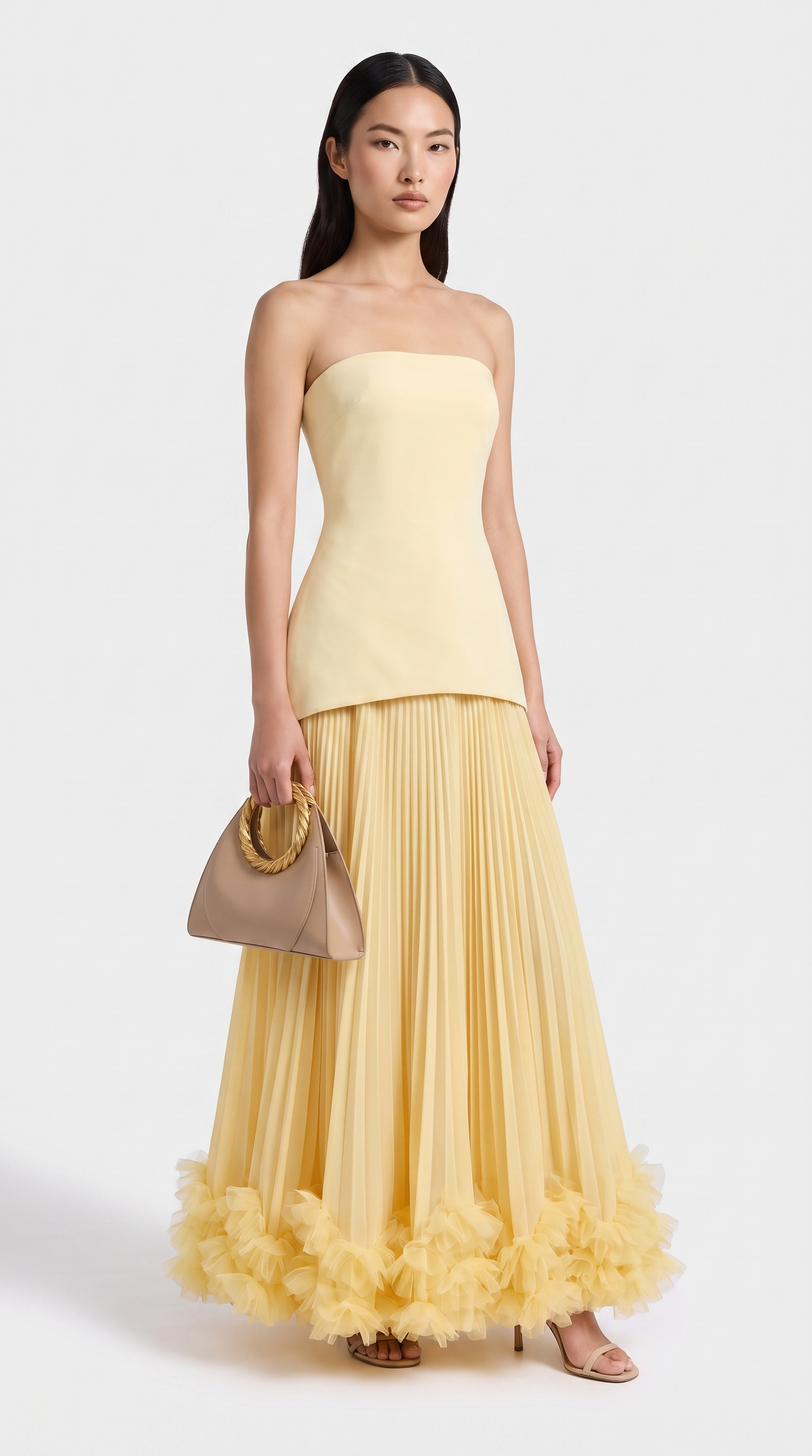 Ceto - Strapless Pleated Rosette-Hem Maxi Gown Yellow