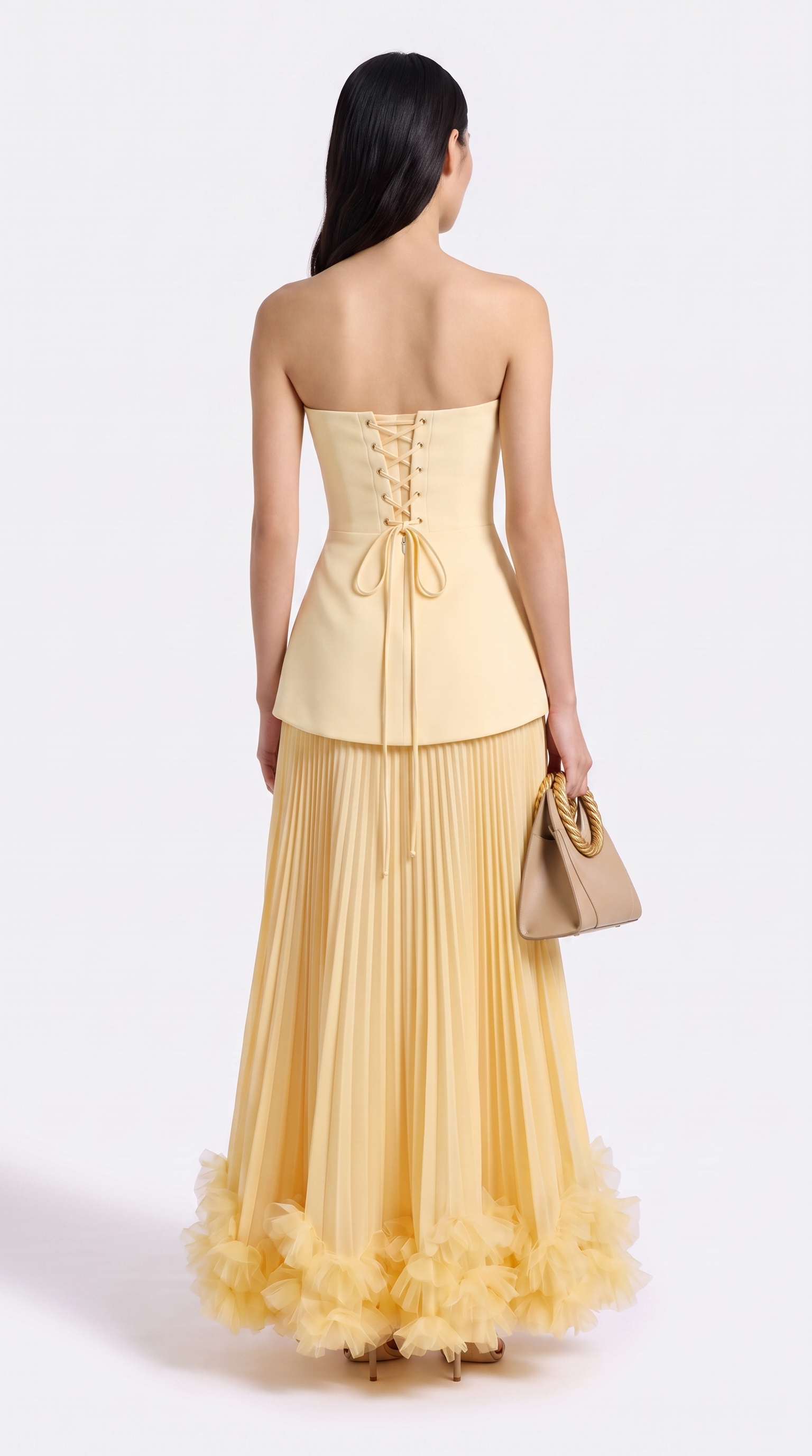 Ceto - Strapless Pleated Rosette-Hem Maxi Gown Yellow