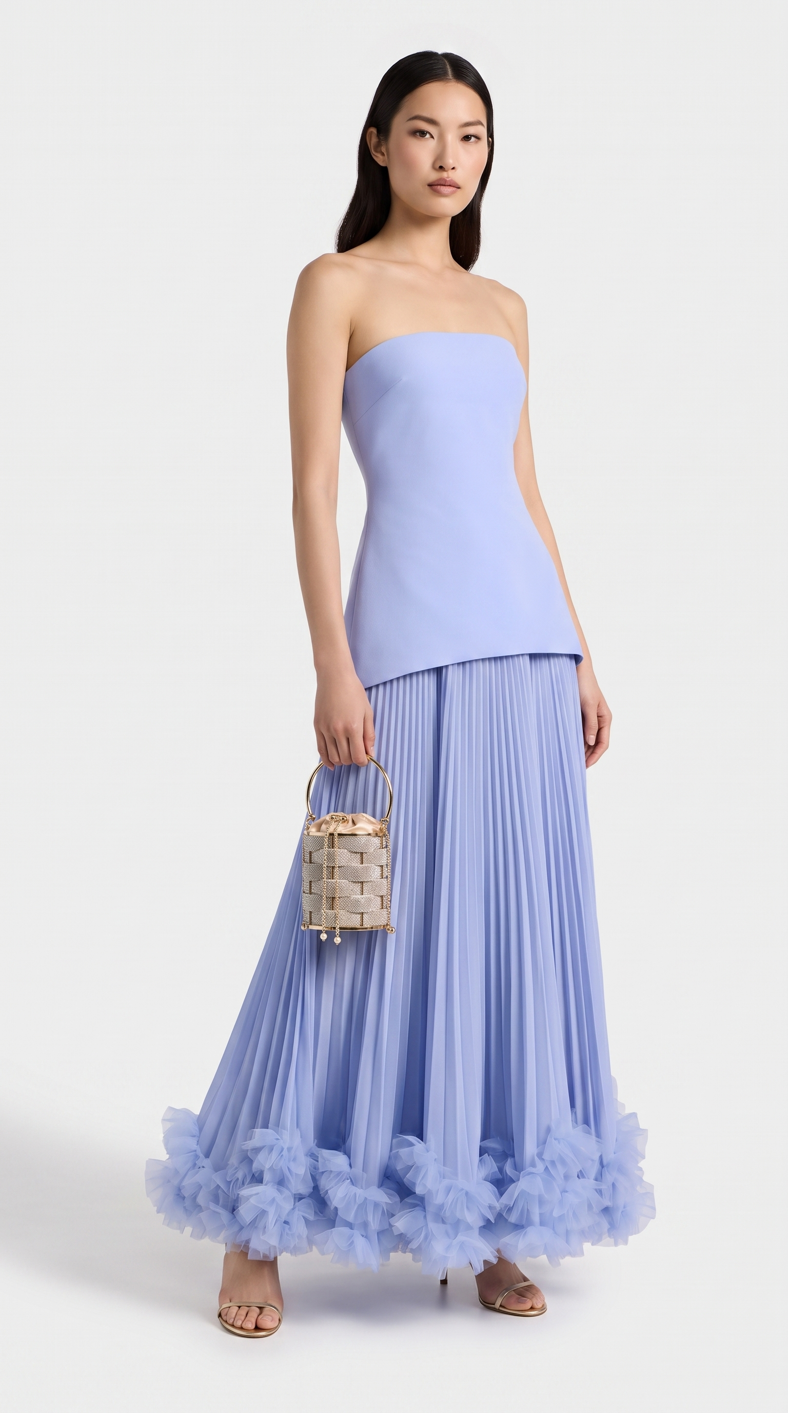Ceto - Strapless Pleated Rosette-Hem Maxi Gown Blue
