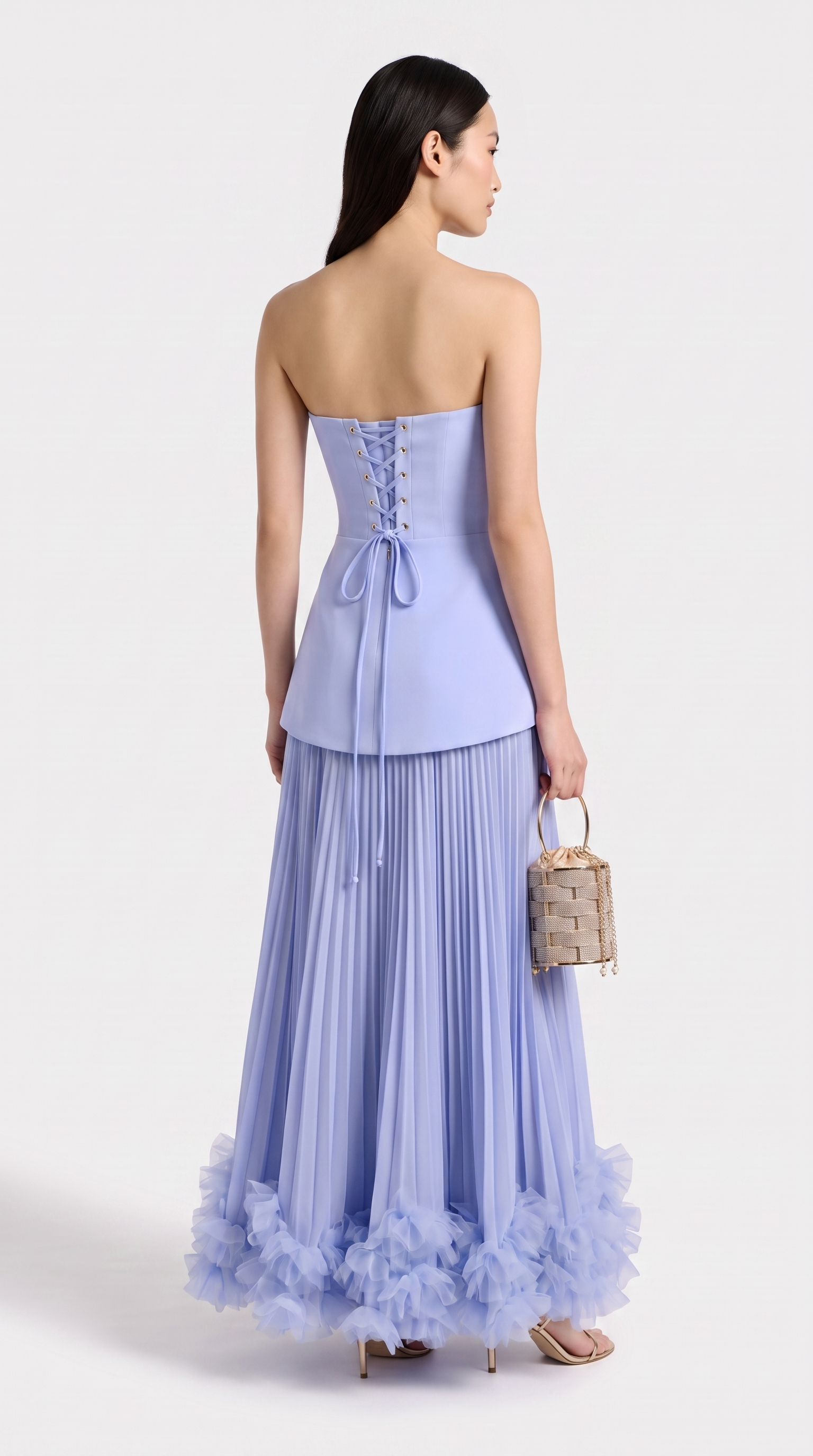 Ceto - Strapless Pleated Rosette-Hem Maxi Gown Blue