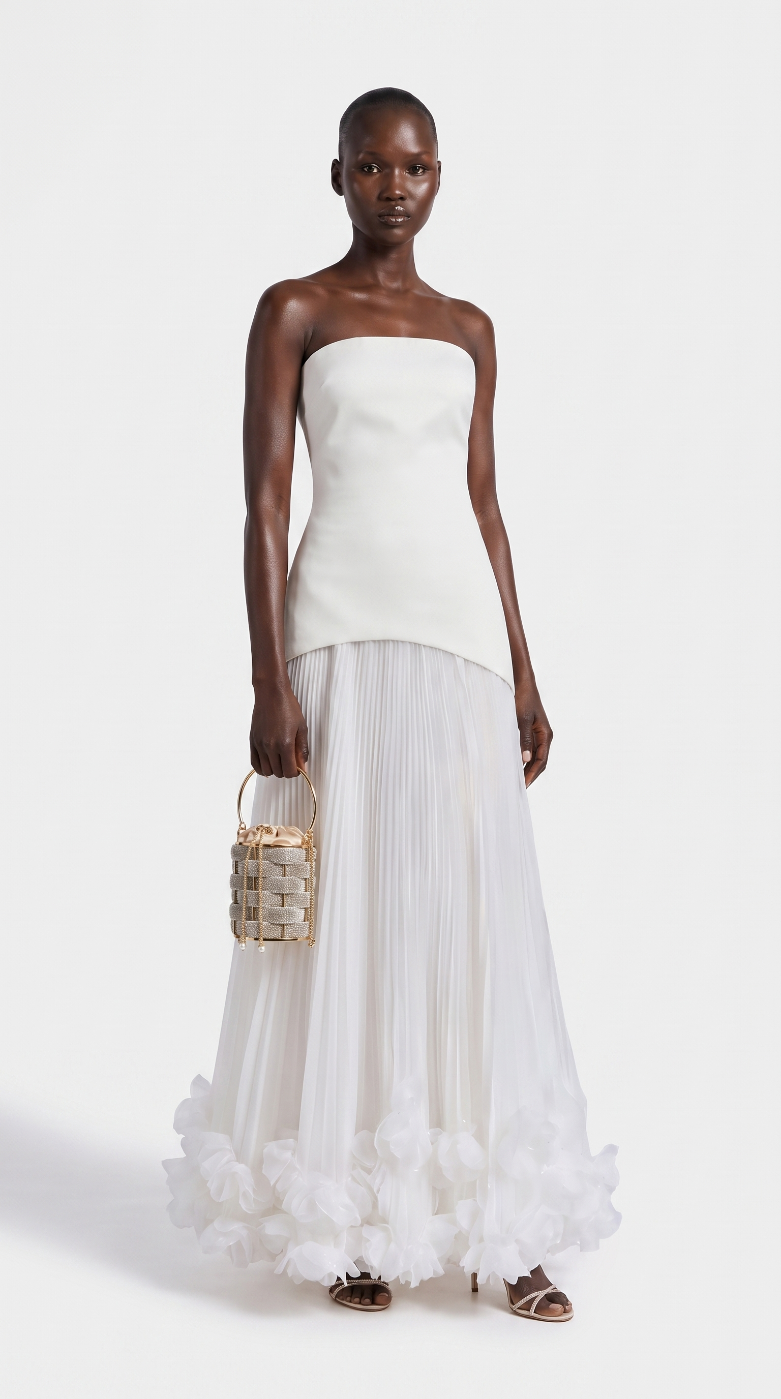 Ceto - Strapless Pleated Rosette-Hem Maxi Gown White