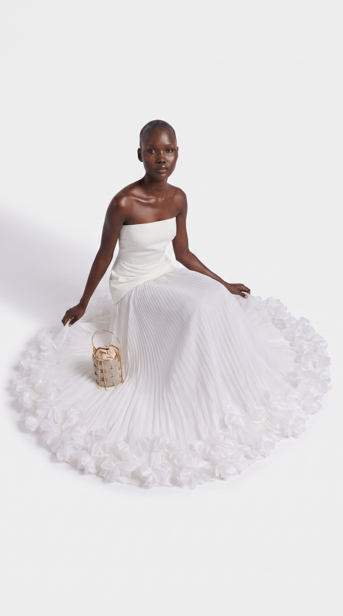 Ceto - Strapless Pleated Rosette-Hem Maxi Gown White