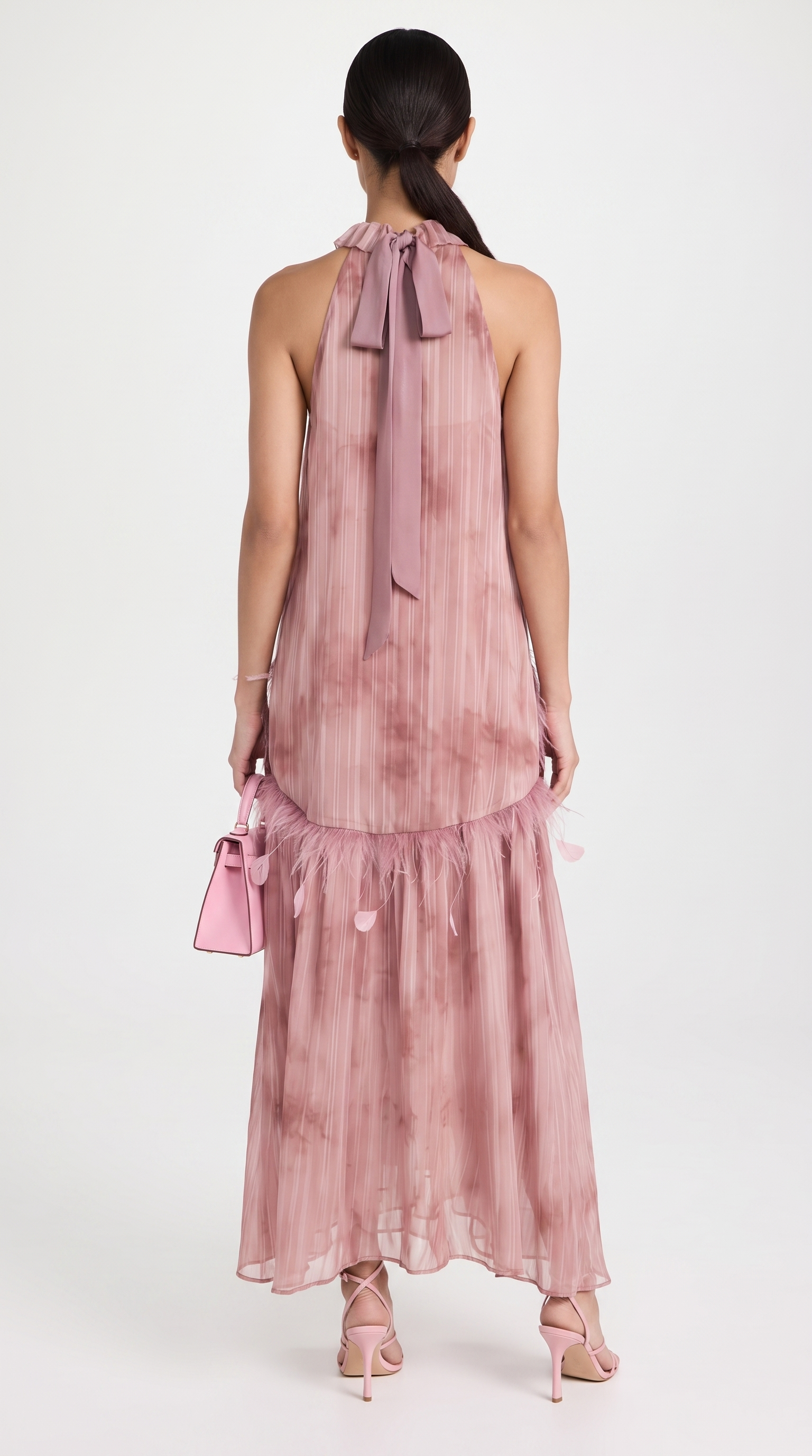 Nisi - Feather-Trimmed Pleated Halter Maxi Dress