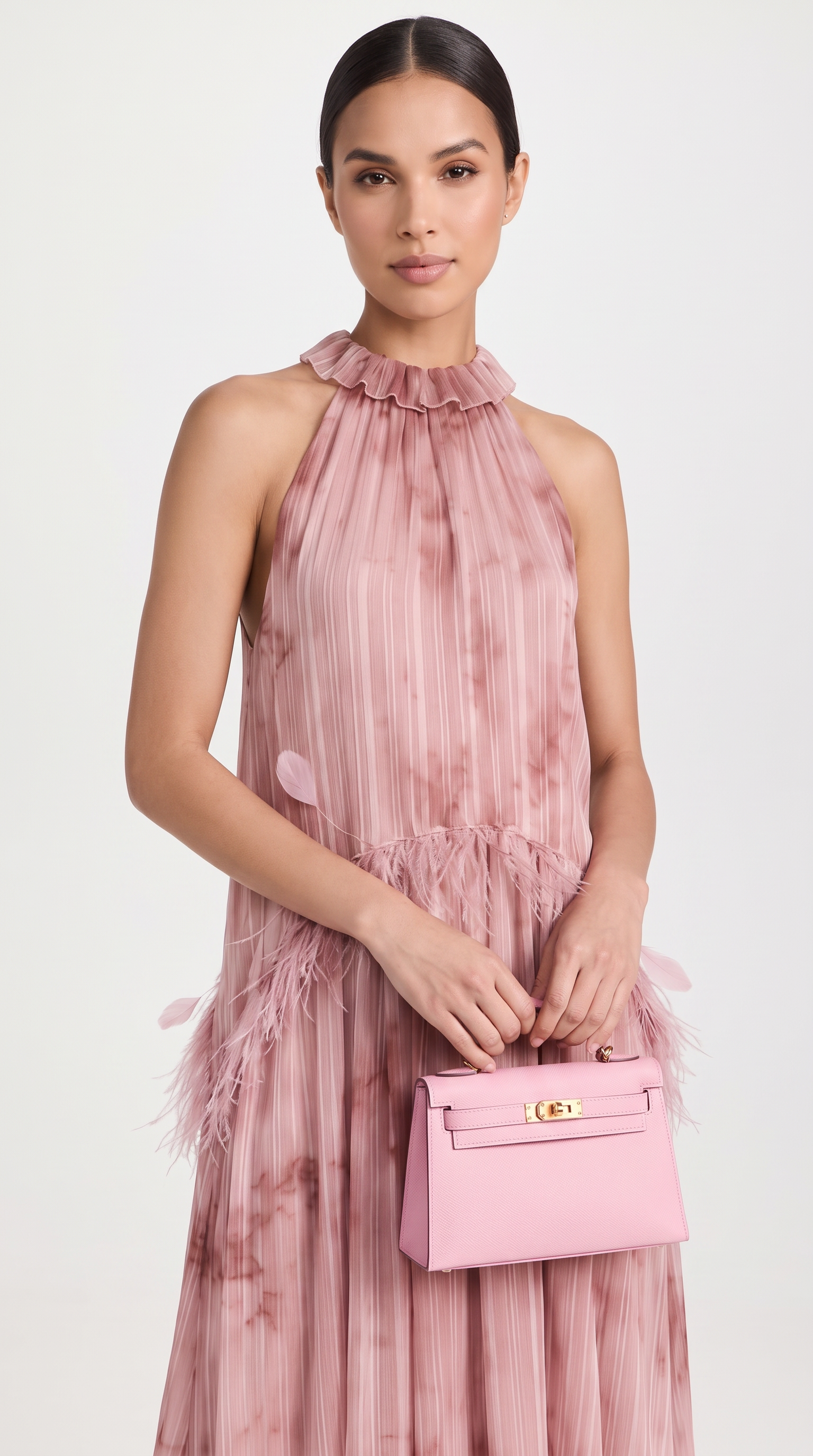 Nisi - Feather-Trimmed Pleated Halter Maxi Dress
