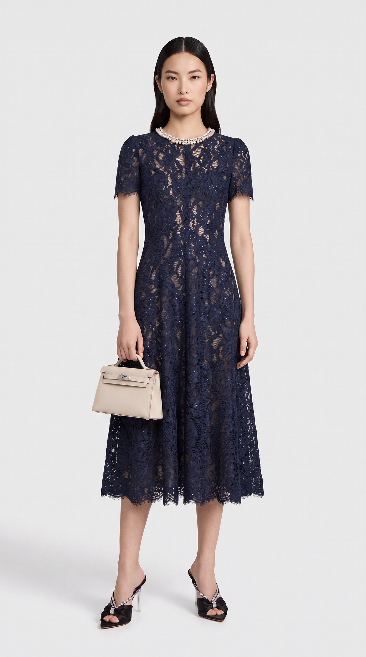 Agave - Pearl Collar Sequined Lace A-Line Midi Dress Dark Blue